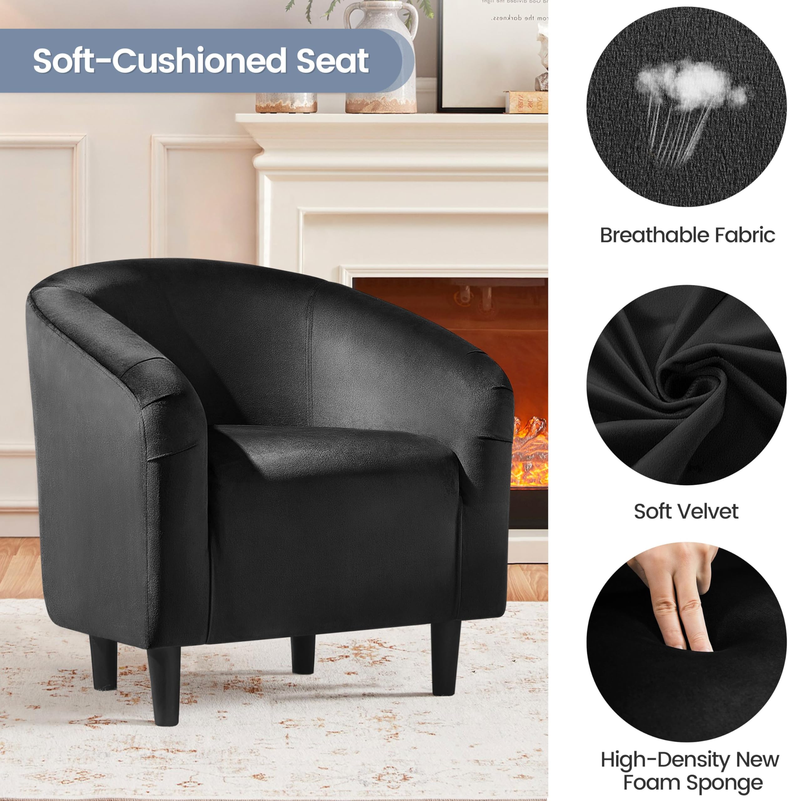 Yaheetech Modern Velvet Barrel Chair - Comfy Accent Armchair for Living Room, Bedroom, Office - Stylish Club Sofa & Vanity Chair for Small Spaces (Black) - Perfect for Reading Nooks, Home Offices & Cozy Corners