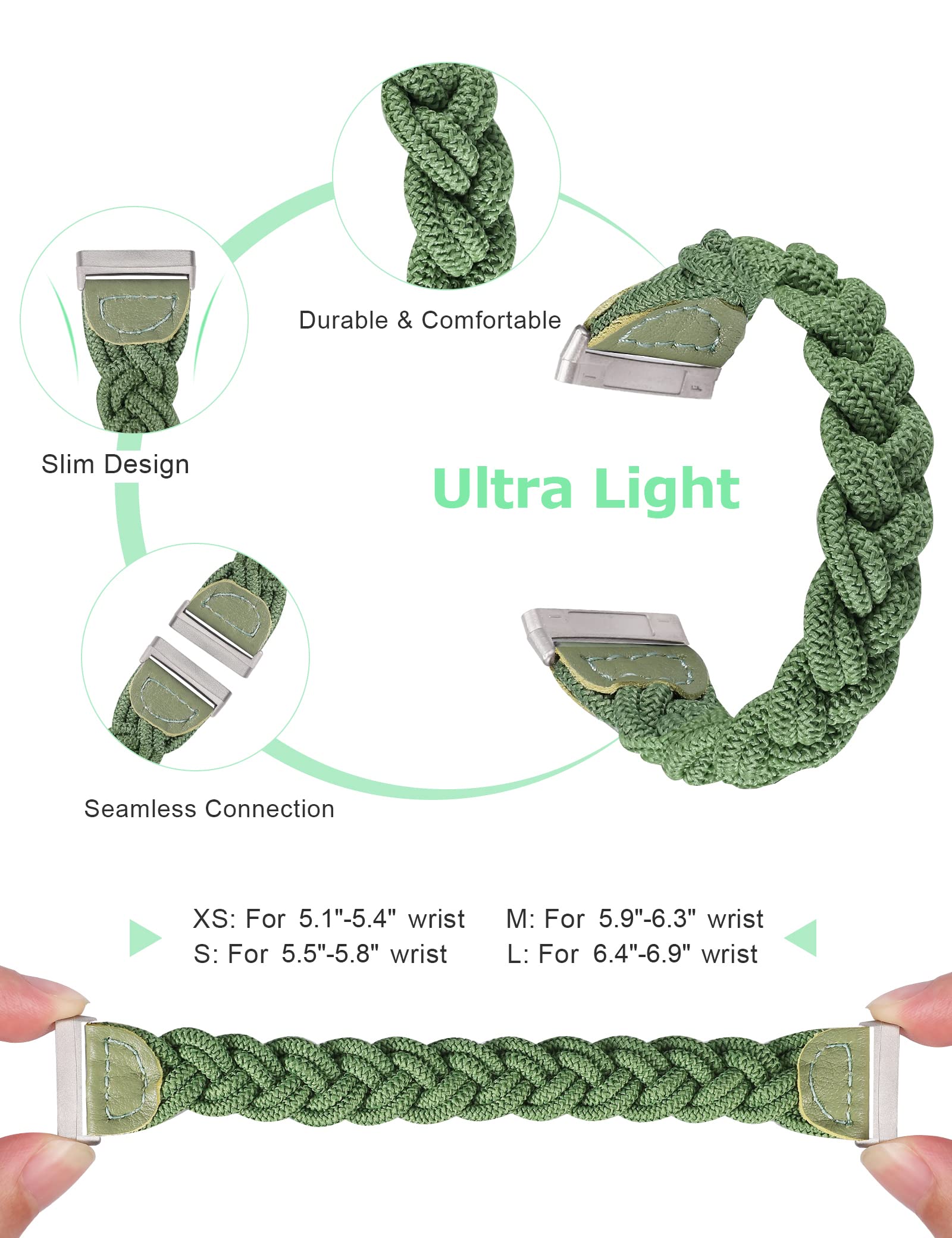 Wearlizer Elastic Braided Solo Loop Strap - Compatible with Fitbit Sense/Sense 2/Versa 3/Versa 4 - Slim Stretchy Woven Wristband for Women (Green, Medium) - Perfect for Workouts, Running & Daily Wear