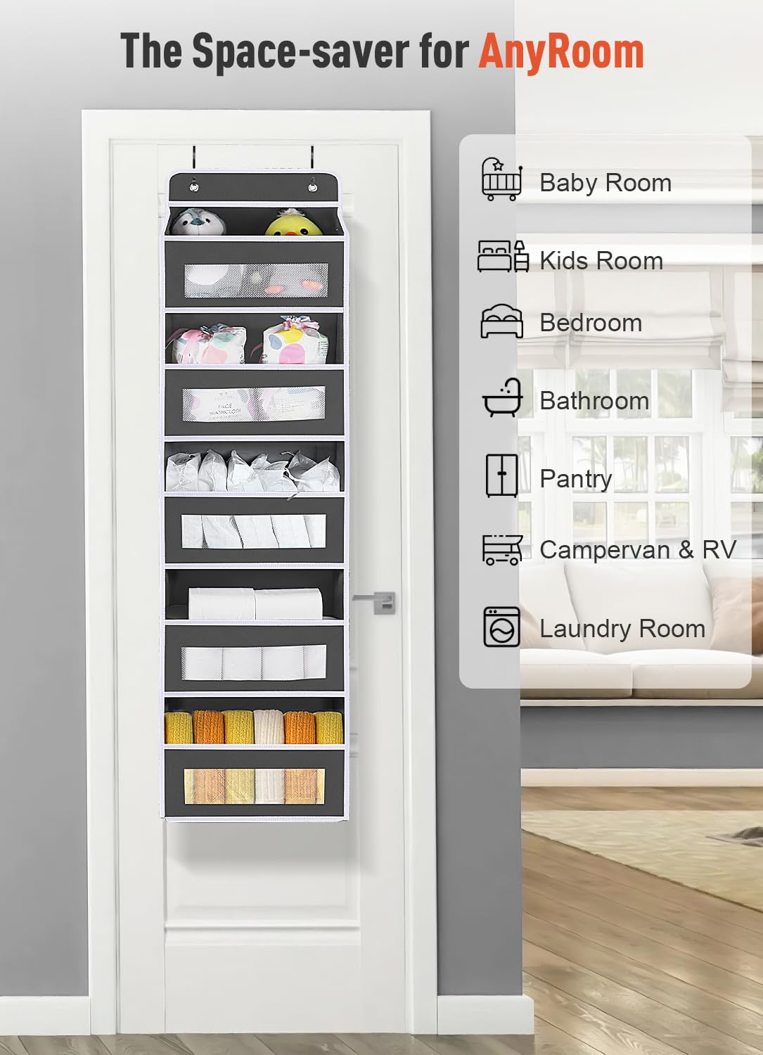 Over The Door Organizer Storage - 5-Shelf Hanging Door Organizer with 10 Large Pockets, Holds 48 lbs, Anti-Tilt Design for Bedroom, Bathroom & Pantry (Dark Gray, 2-Pack) - Perfect for Organizing Shoes, Toys, Towels & Cleaning Supplies