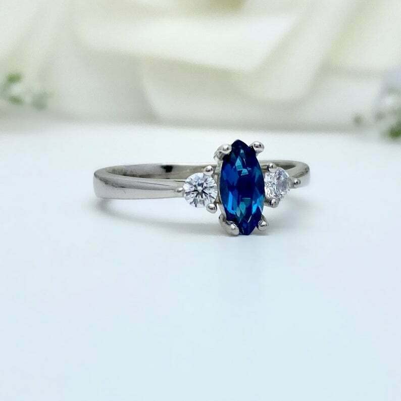1ct Marquise Cut London Blue Topaz Engagement Ring for Women - 925 Sterling Silver White Gold Plated, Elegant Trilogy Design for Proposals, Anniversaries & Special Occasions