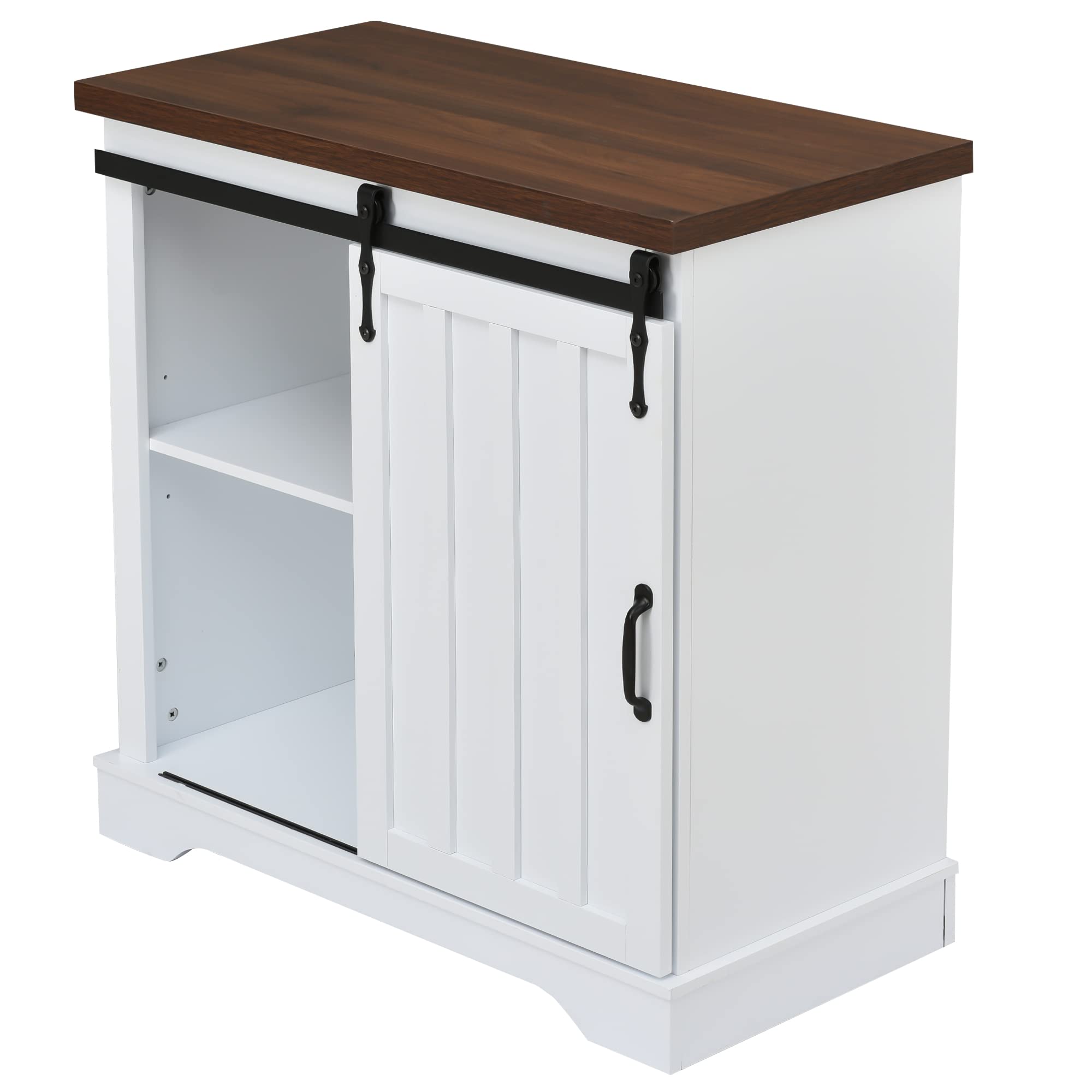 White & Brown MDF Freestanding Bathroom Storage Cabinet with Sliding Barn Door, Thick Top & Adjustable Shelf - Perfect for Small Bathrooms, Bedrooms, or Entryway Organization