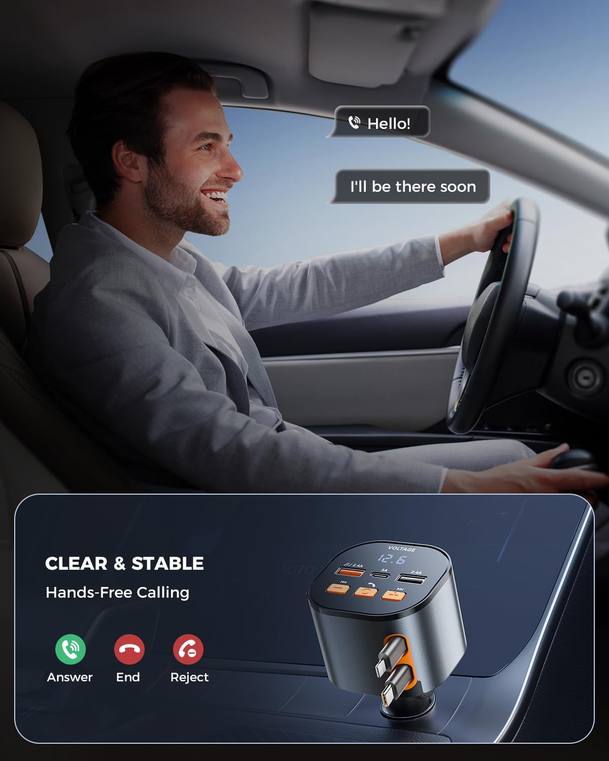 SUPERONE Bluetooth 5.3 Car Adapter with Retractable PD 30W Fast Charger | FM Transmitter & Receiver | Hands-Free Calling & MP3 Music Player | LED Display | USB Port - Perfect for Road Trips & Commuting