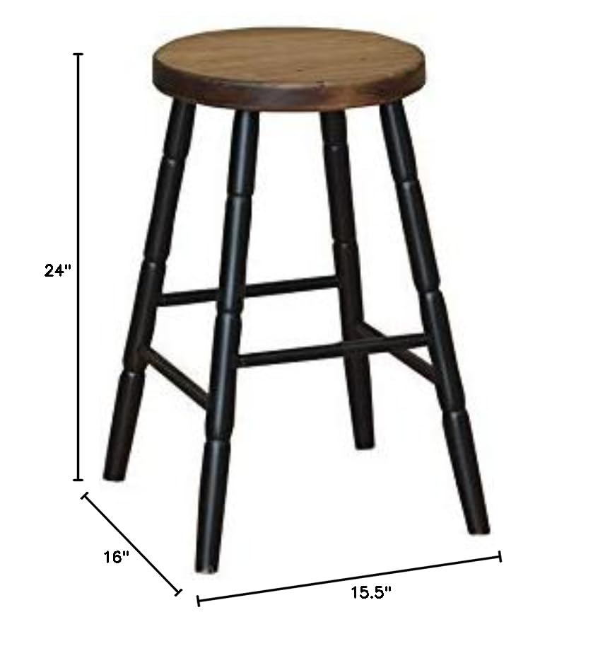 Amish Handmade 24 Inch Wooden Bar Stool with Round Legs - Solid Black - Rustic Farmhouse Kitchen Island & Home Bar Seating