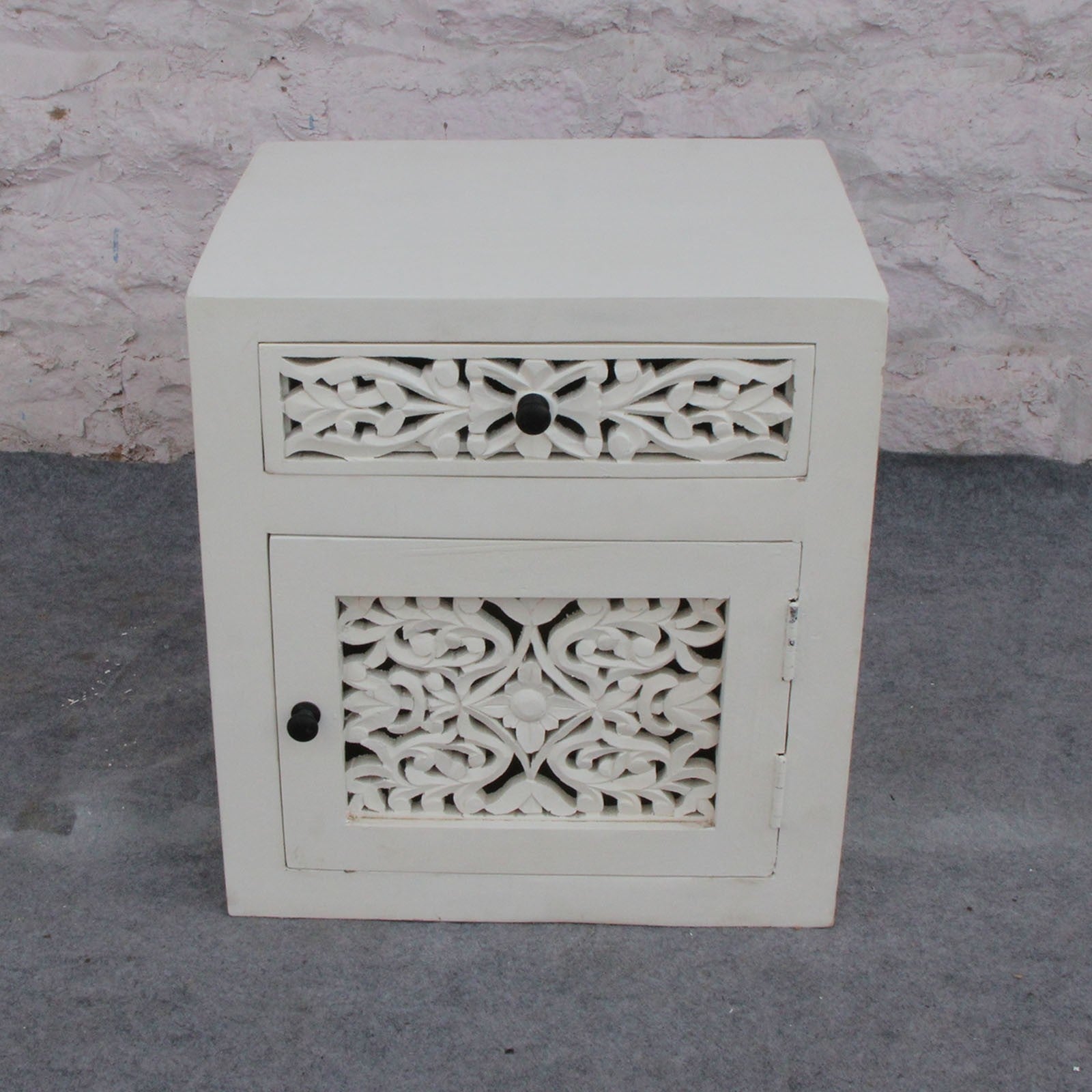 DYNASTY Hand Carved Jali Pair of Bedside Tables 50x40x55cm - Exquisite Indian Wooden Nightstands for Bedroom Decor, Living Room Accent Furniture