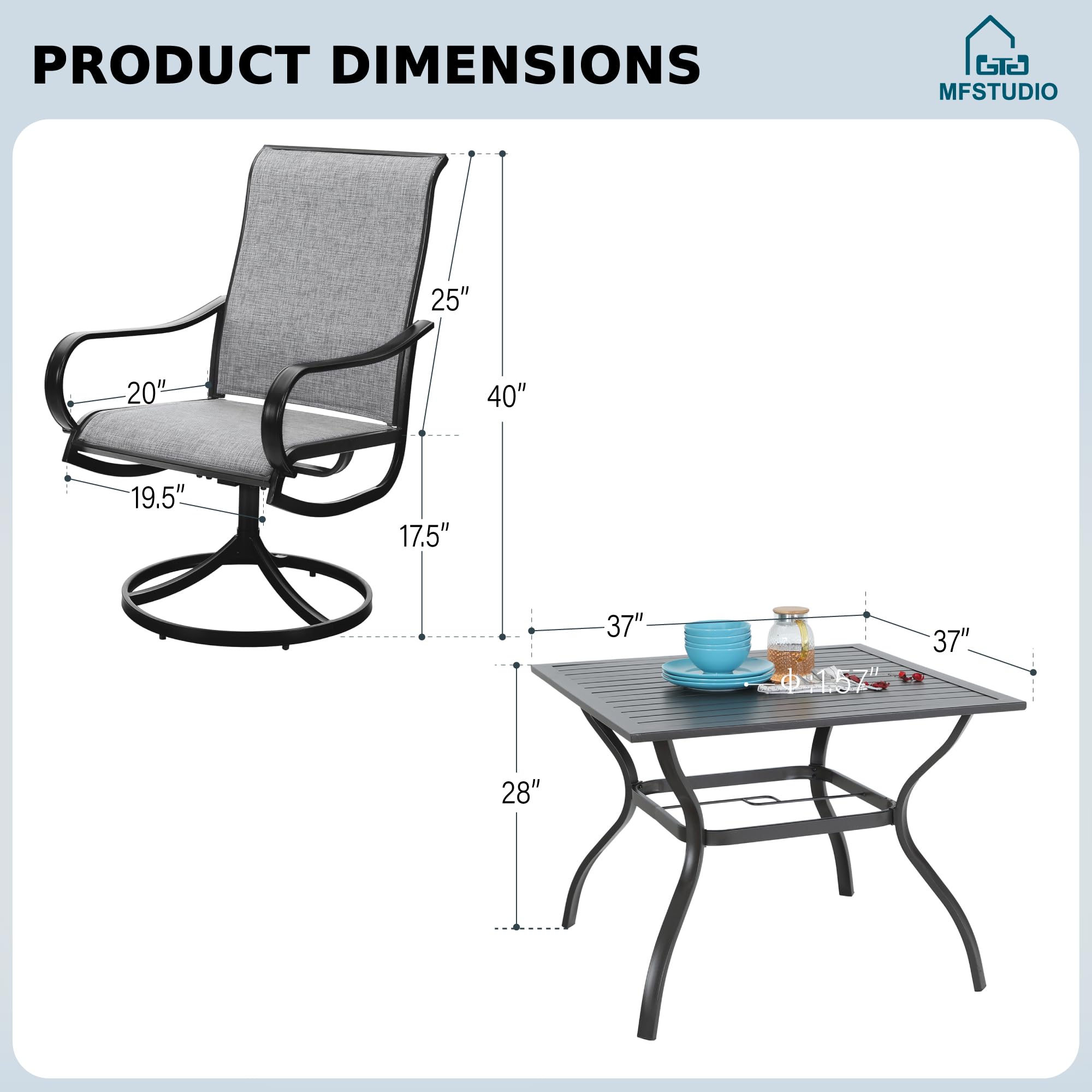MFSTUDIO 4-Piece Patio Dining Set - All-Weather Outdoor Furniture with 4 Swivel Sling Chairs & Square Metal Table (Light Grey) - Perfect for Backyard, Garden, Poolside & Outdoor Entertaining