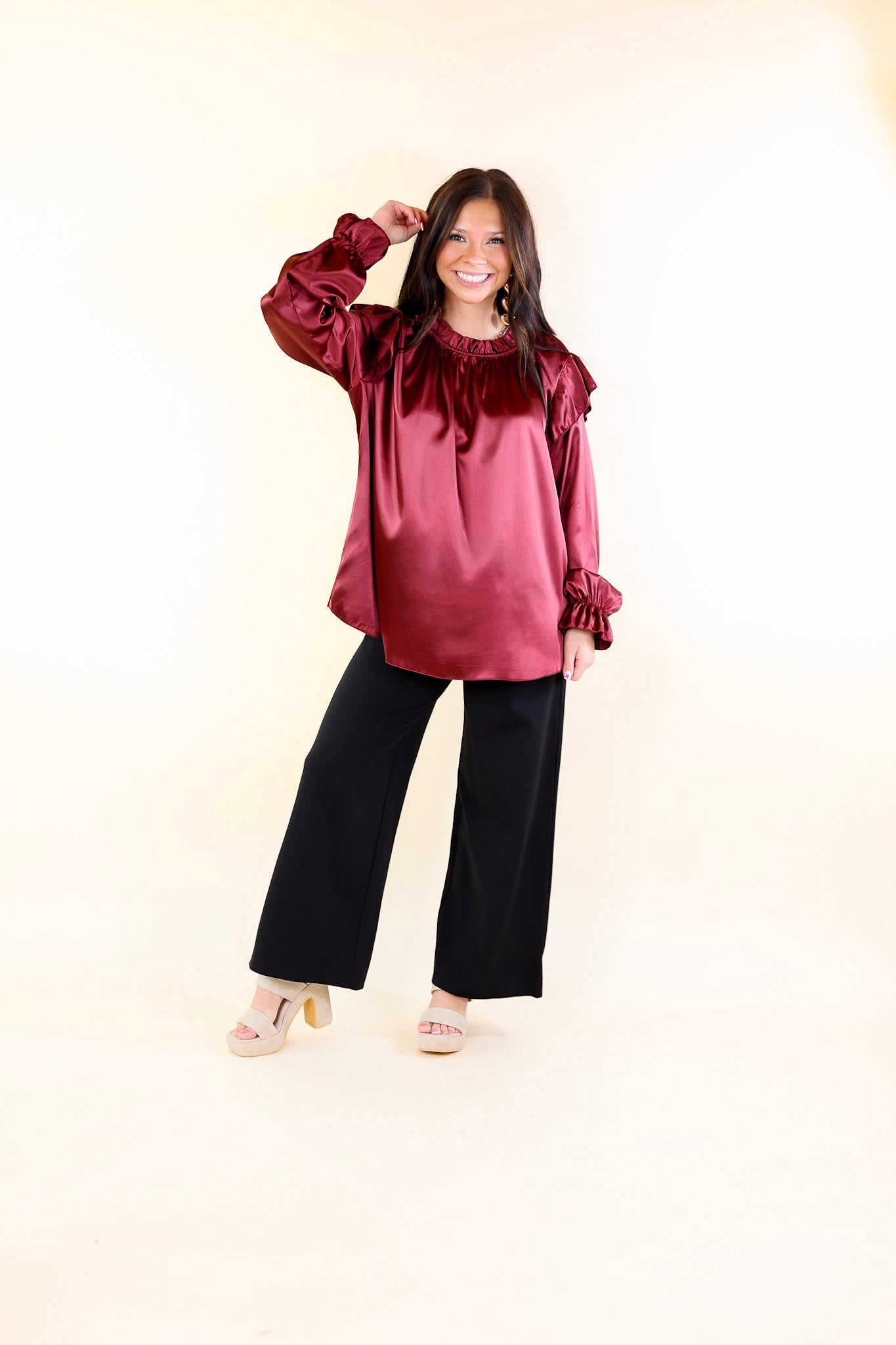 Can't Stop Me Ruffle Mock Neck Long Sleeve Satin Blouse in Maroon - Elegant Women's Fashion Top for Work, Date Night & Special Occasions