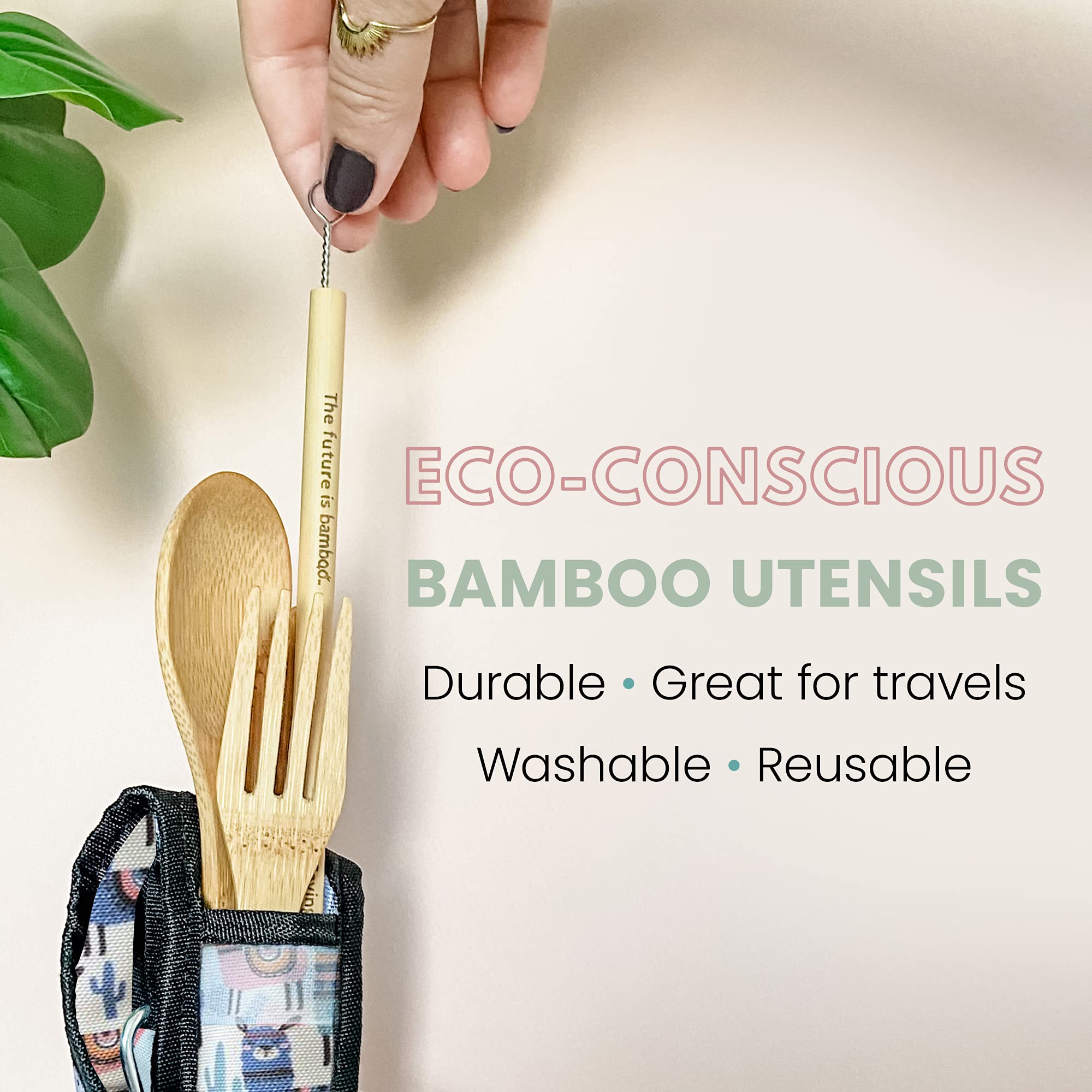 5-Piece Eco-Friendly Bamboo Travel Cutlery Set with Fork, Knife, Spoon, Straw & Cleaning Brush - Reusable Wooden Utensil Kit with Pouch & Carabiner for Camping, Picnics & On-the-Go Meals