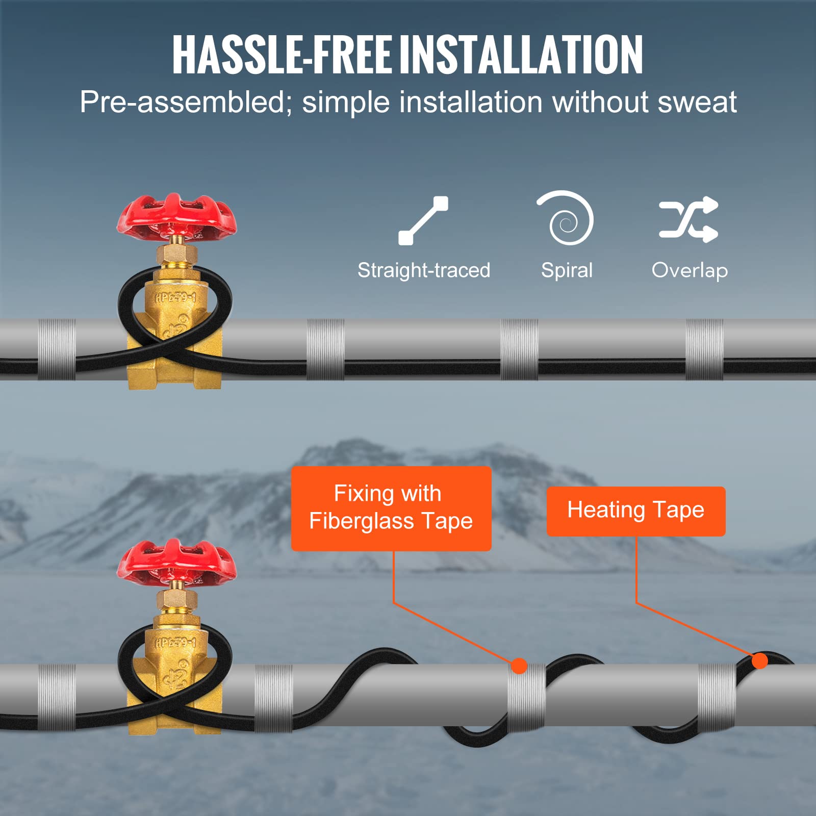 VEVOR Self-Regulating Pipe Heating Cable 120ft - 5W/ft Heat Tape for Freeze Protection - Roof Snow Melting & Gutter De-Icing - 120V Water Pipe Heater for Home, RV & Outdoor Use in Winter