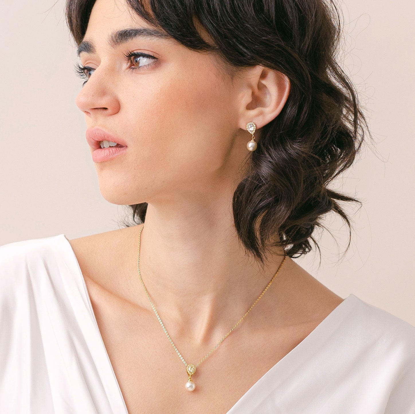 **Coco Pearl Drop Earrings and Necklace Set in Gold - Elegant Jewelry Gift for Women, Perfect for Weddings, Parties & Special Occasions**