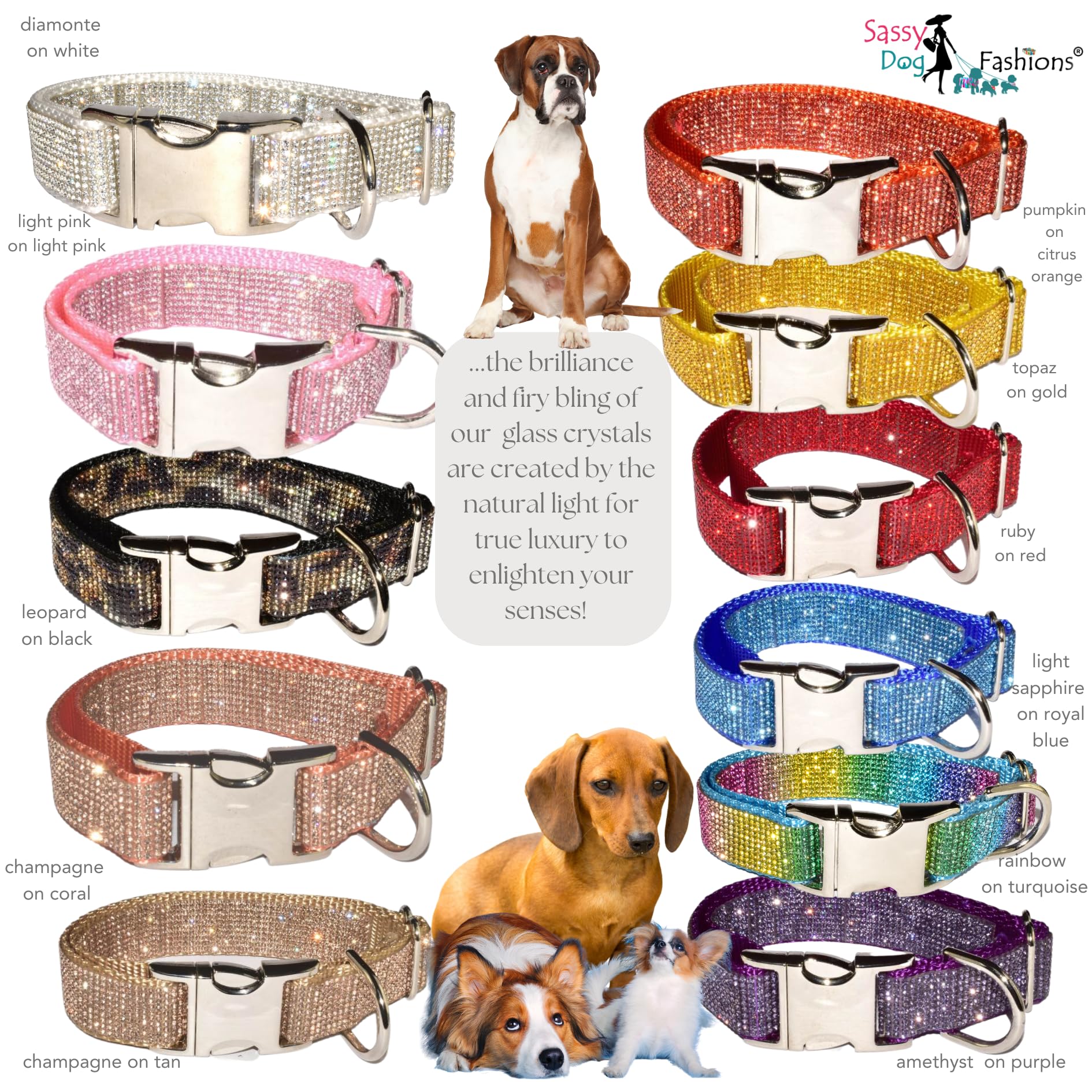 Handmade Rhinestone Dog Collar - Sparkling Crystal Diamond Pet Collar for Small, Medium, Large & Giant Dogs | 1000+ Color Options | 1