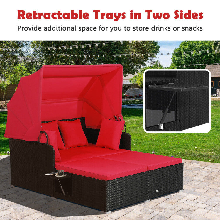 Costway Outdoor Patio Rattan Daybed with Retractable Canopy & Side Tables - Black - Perfect for Poolside Lounging, Garden Relaxation & Backyard Sunbathing