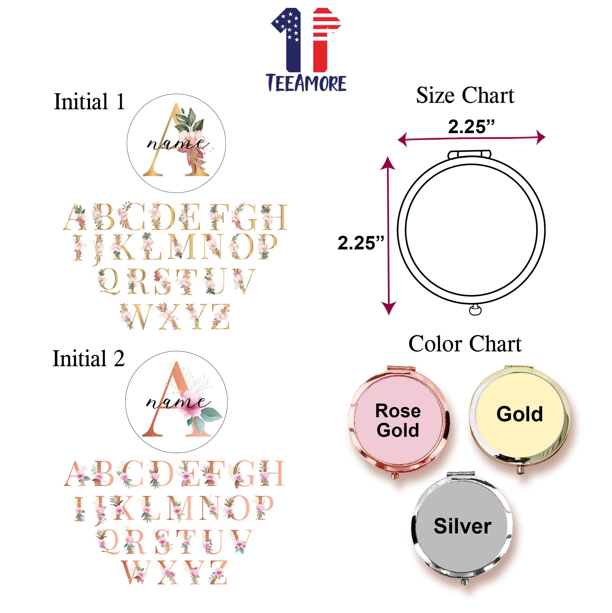 Personalized Floral Compact Mirror - Bridesmaid Gift for Travel & Weddings