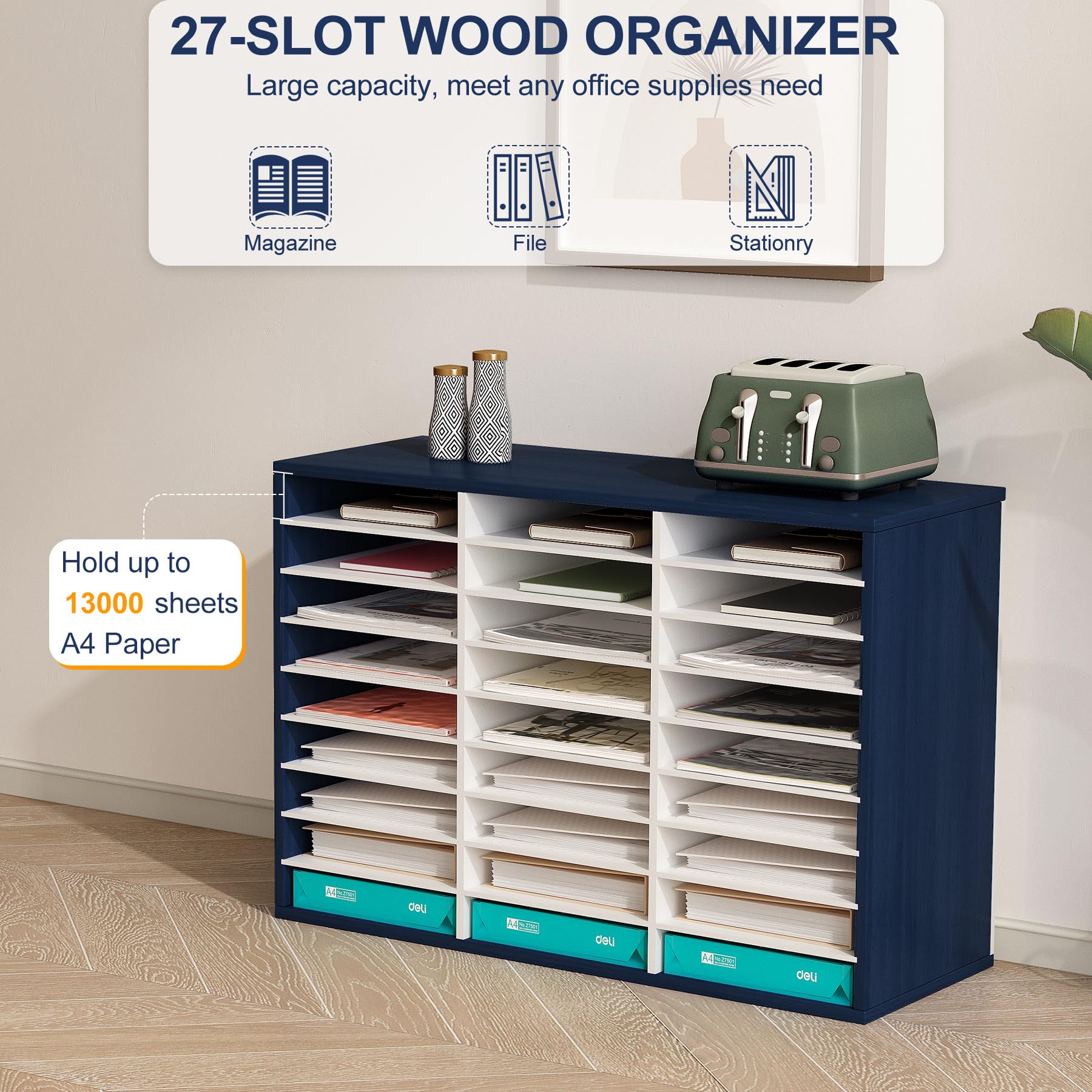 TQVAI 27-Slot Wooden Mail Sorter Organizer for Home & Office - Navy Blue/White Desktop File Holder, Paper Tray, Classroom Mailbox - Perfect for Office Organization, Teacher Supplies, and Home Mail Management
