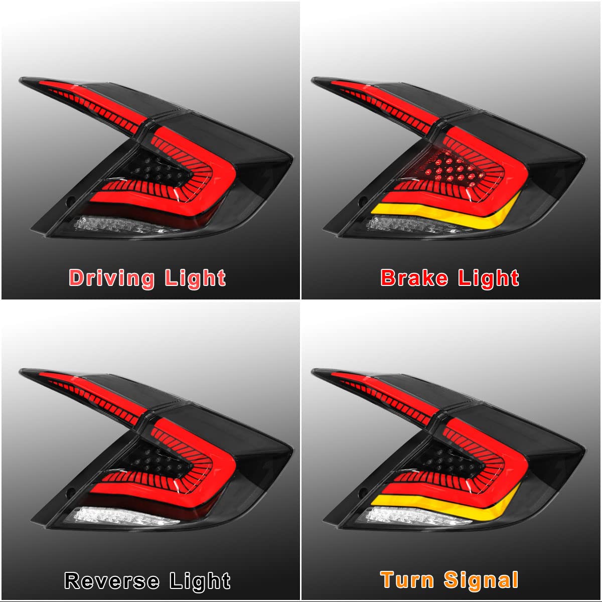2016-2021 Honda Civic LED Tail Lights Assembly - Smoked Lens Brake Lights with Turn Signal, Starry DRL & Reverse Light | Rear Lamp Replacement for Night Driving & Car Customization