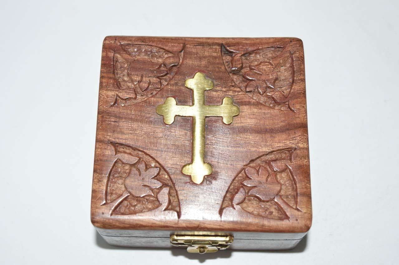 Nature's Enlightenment Cross Inlaid Square Rosary Bead Box - Wooden Prayer Bead Storage, Religious Altar Supplies, Spiritual Gift for Christians (Perfect for Home Altar, Church Use & Thoughtful Present Giving)