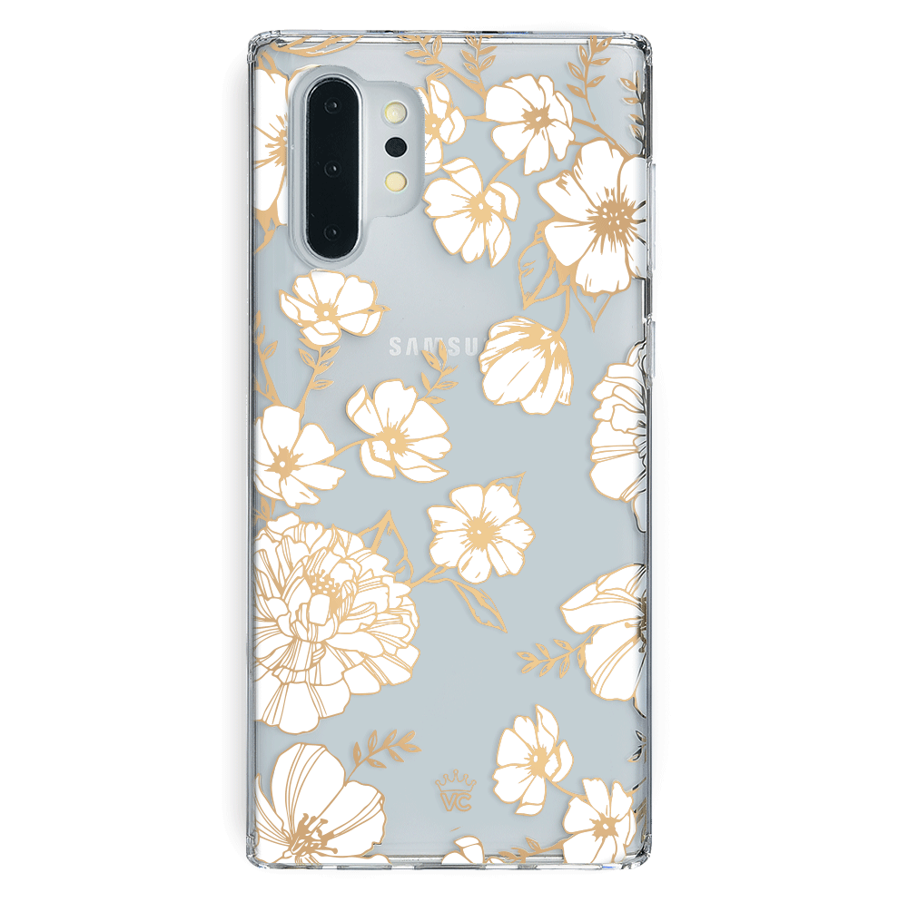 Elegant White and Gold Floral Clear Samsung Phone Case - Slim Protective Cover for Galaxy S21/S22/S23 - Perfect for Everyday Use, Travel & Gifting