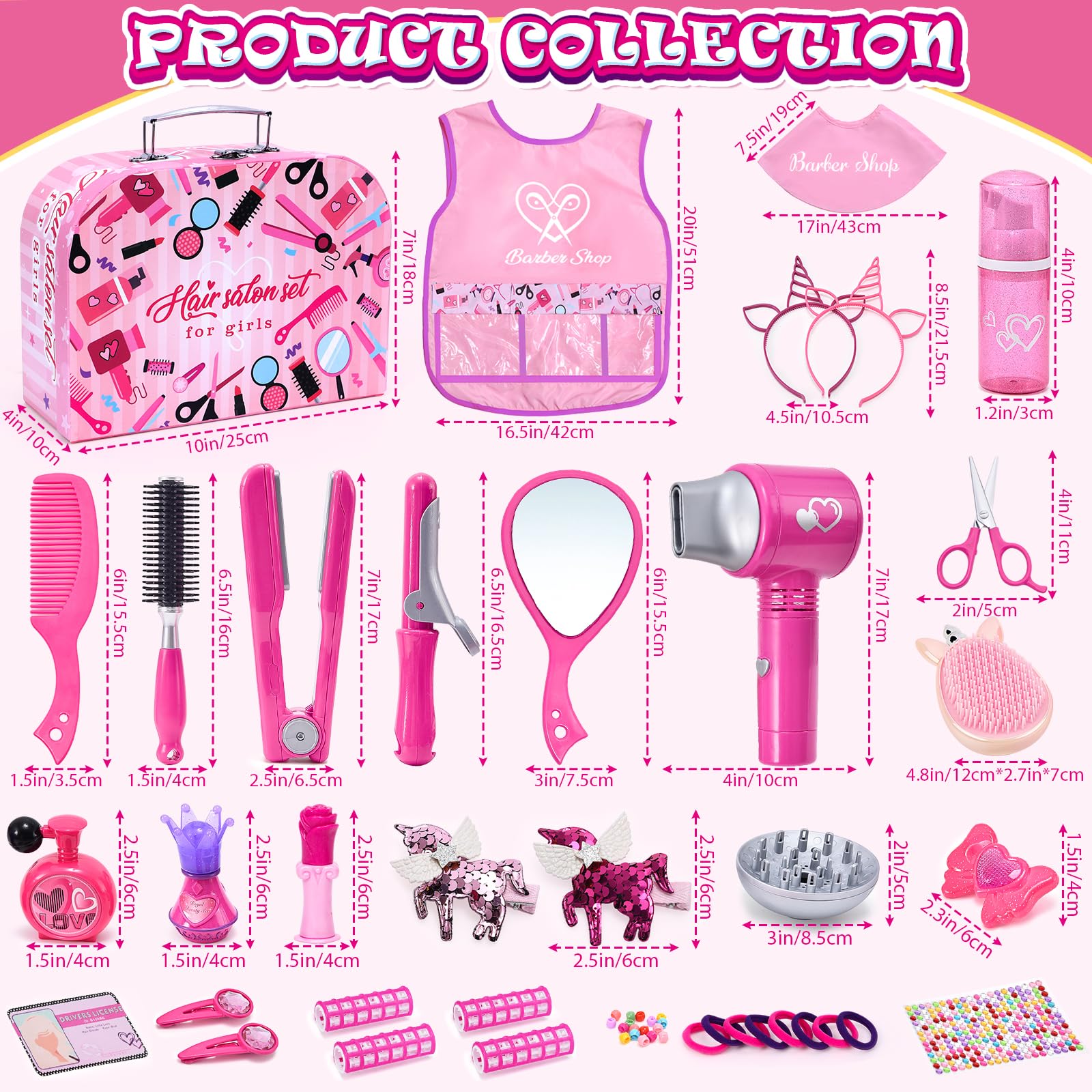 Lorfancy 49-Piece Kids Pretend Play Hair Salon & Beauty Makeup Set with Hairdryer, Apron, Curling Iron, Flat Iron, Mirror & Scissors - Toddler Dress Up Toys for Girls - Perfect Birthday Gift for Pretend Play, Role Play & Creative Fun