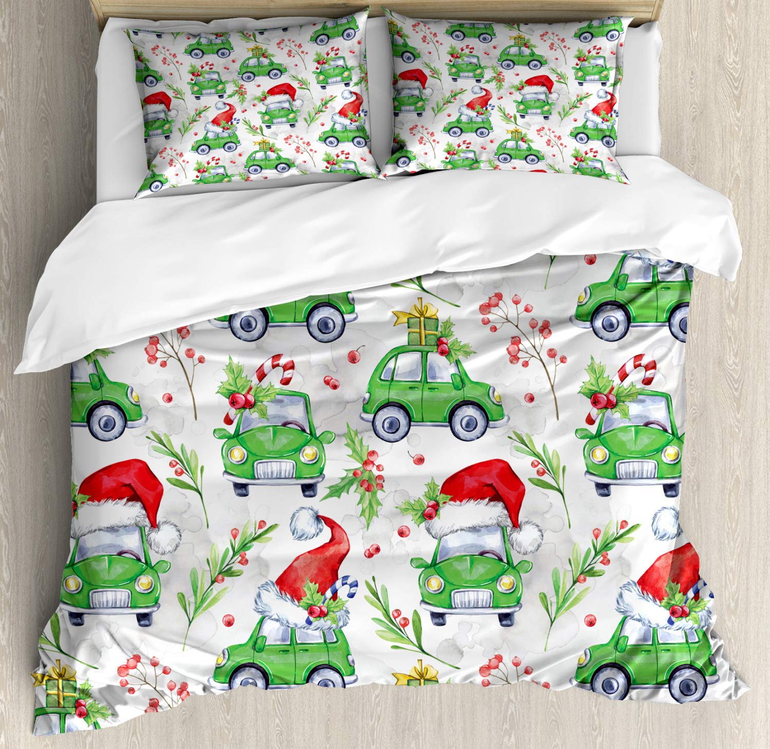 Ambesonne Christmas Cars Duvet Cover Set - 3 Piece California King Bedding with 2 Pillow Shams, Noel Holiday Design Featuring Green Cars & Santa Hats in Lime Green & Scarlet - Perfect for Festive Bedroom Decor, Winter Celebrations & New Year Gifts