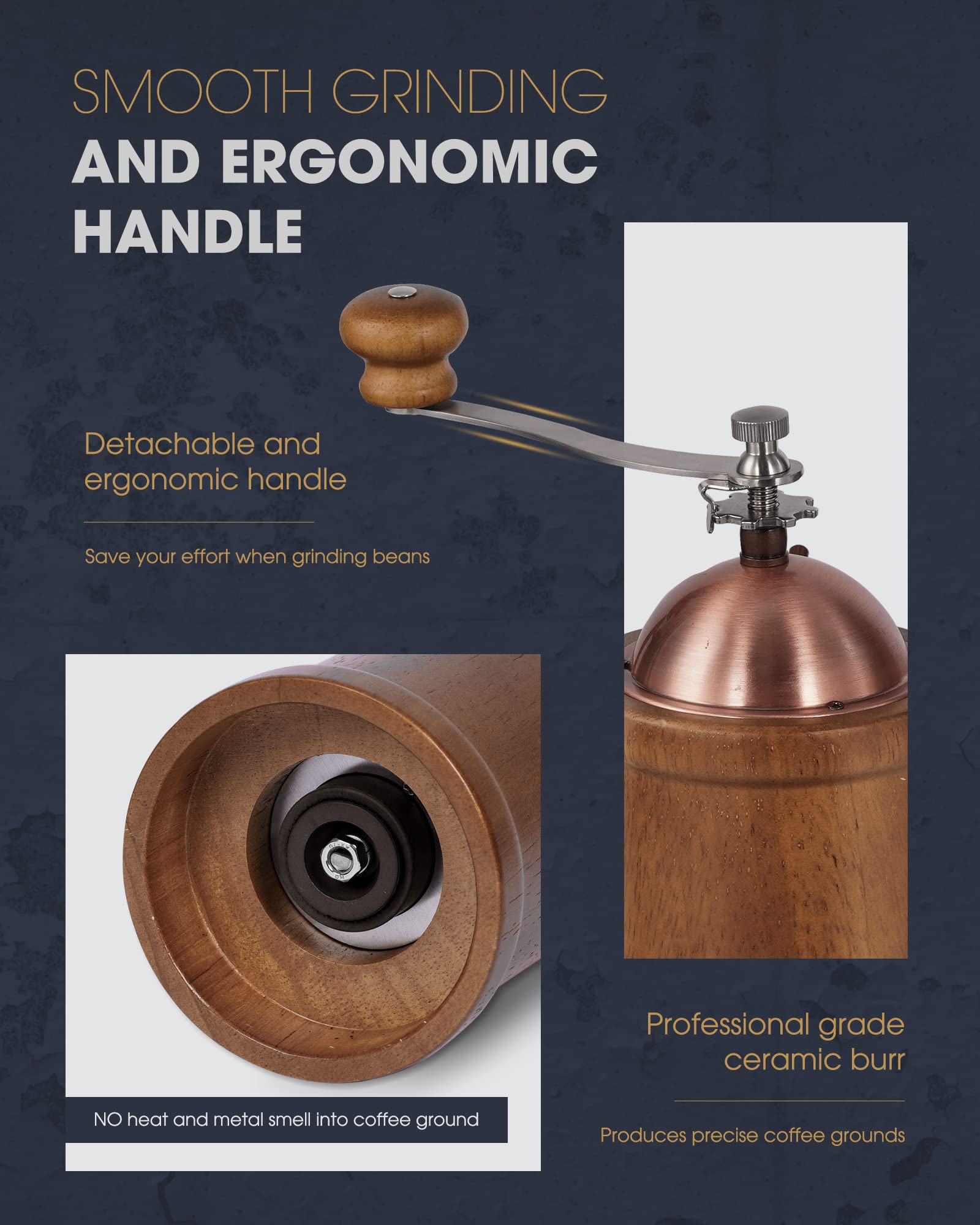 Premium Manual Coffee Grinder - Adjustable Ceramic Burr, Vintage Wooden Hand Mill for Fresh Ground Coffee - Large Capacity with Brush & Spoon - Perfect for Home, Camping & Travel (JX2022-CG20)