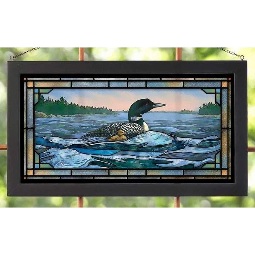 Stained Glass Art Panel - Wild Wings 5386500004, 23-Inch Wide Rough Water Loon Design - Handcrafted Decorative Wall Hanging for Home, Office, Church, or Cabin Decor