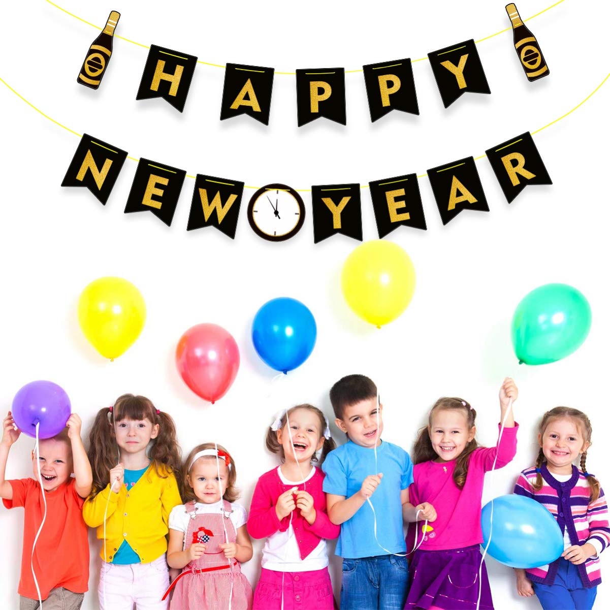 Amosfun Black and Gold New Year's Eve Party Banner Garland - Premium Holiday Decoration for Christmas & New Year Celebrations, Home Decor, Office Parties, and Festive Events