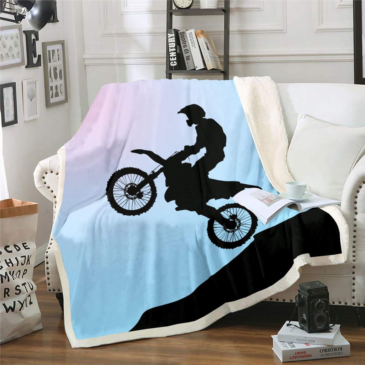 Kids Boys Teens Dirt Bike Fleece Blanket - Extreme Sports Motocross Racer Printed Sherpa Throw - Soft Fuzzy Twin Size 60x80 Inches Black Blue - Perfect for Bedroom Decor, Gaming Room, Camping & Motorcycle Enthusiast Gift