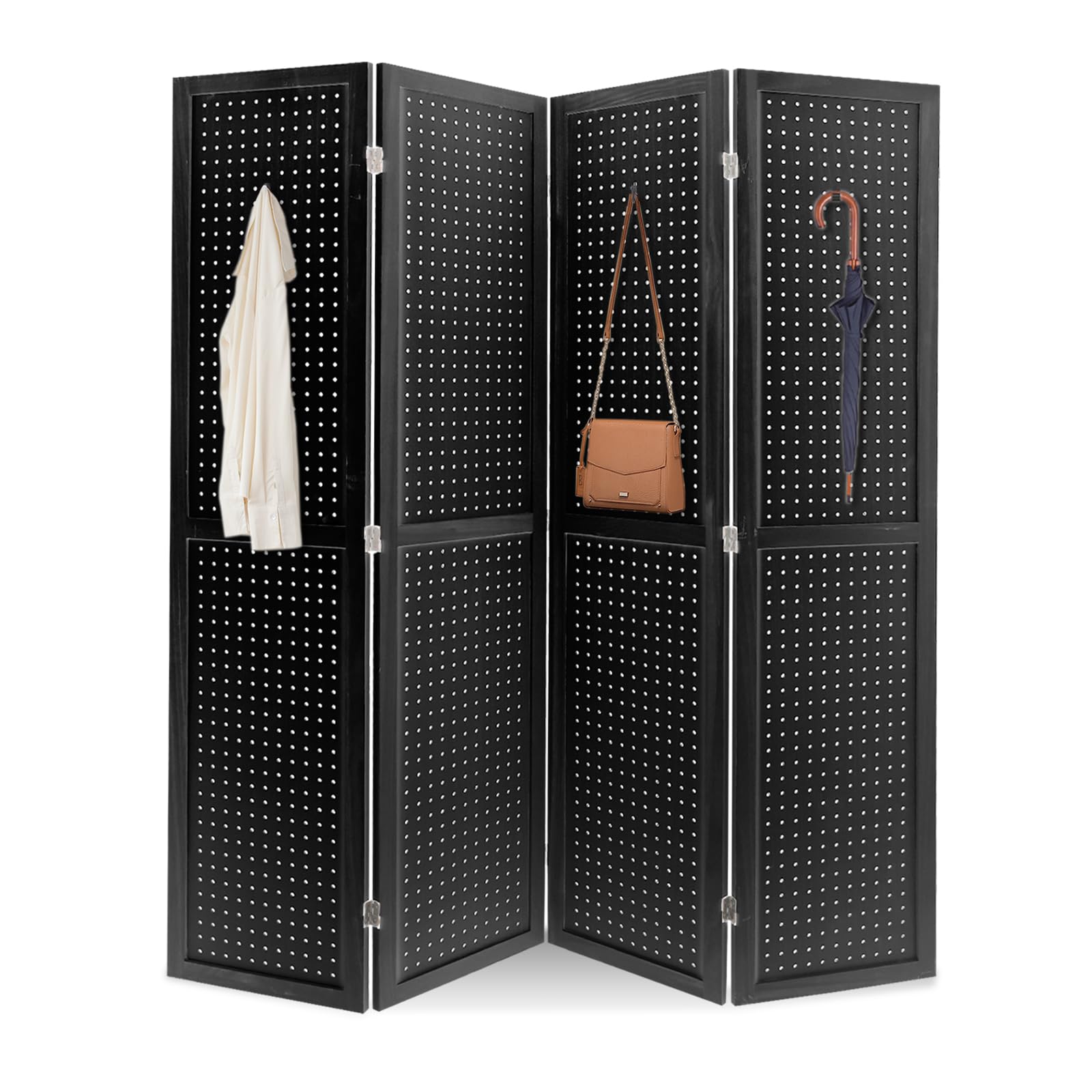 ECOMEX 4 Panel Wooden Room Divider - 5.6Ft Freestanding Folding Privacy Screen with Pegboard Display for Home, Office, Trade Shows & Craft Fairs - Classic Black Wall Organizer for Stylish Space Division & Storage