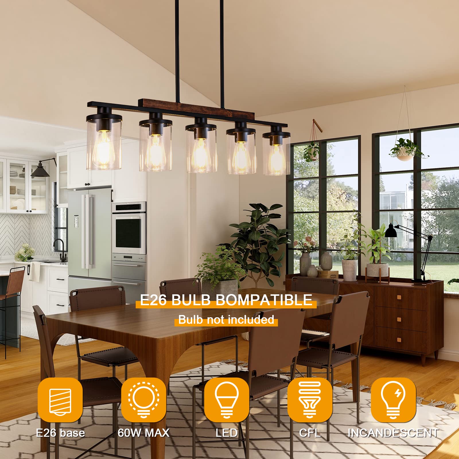 Farmhouse Kitchen Island Light Fixture - 5-Light Matte Black Rustic Wood Ceiling Pendant Chandelier with Clear Glass Shade for Dining Room, Kitchen, Breakfast Nook & Bar Counter Lighting