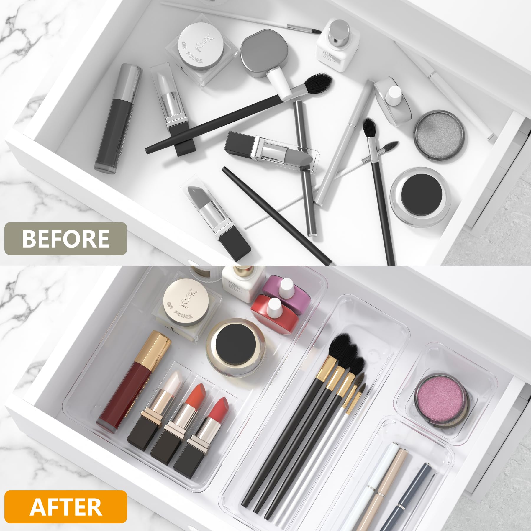 JIUYOTREE 25-Piece Clear Plastic Drawer Organizer Set - 4 Sizes for Makeup, Jewelry, Office & Bathroom Storage | Space-Saving Trays for Cosmetics, Gadgets, Utensils & Accessories | Perfect for Vanity, Dresser, Desk & Closet Organization