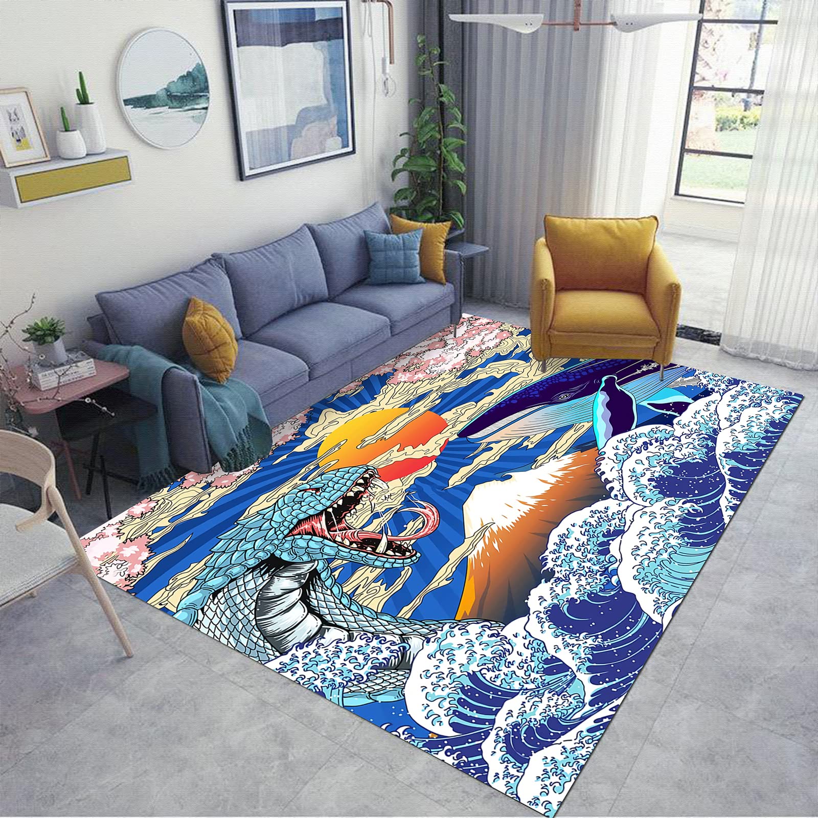 LGGQQW Ocean Wave Sunset Rug - Trippy Snake & Whale Design Non-Slip Anime Carpet for Bedroom, Living Room, Dorm - Soft Boho Decor for Coastal & Psychedelic Style Homes