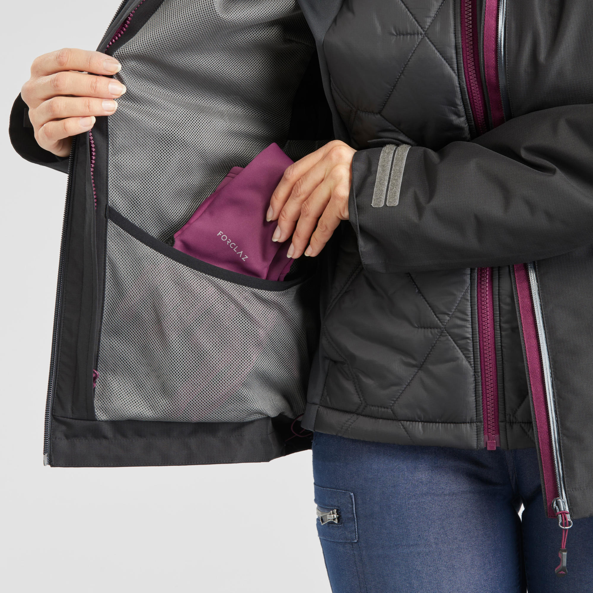 Forclaz Women's 3-in-1 Waterproof Travel Jacket - Lightweight Packable Backpacking Coat for Hiking & Outdoor Adventures (Warm to 17.6°F/-8°C) - Perfect for Camping, Trekking & Winter Travel