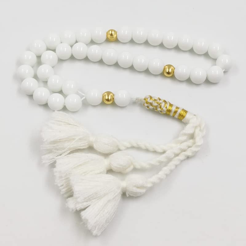 Premium White Ceramic Muslim Prayer Beads with Gold Accents - 8mm x 45 Beads Islamic Tasbih Misbaha Rosary for Ramadan, Eid & Daily Dhikr - Elegant Turkish Tassel Accessory for Prayer, Meditation & Spiritual Gifts