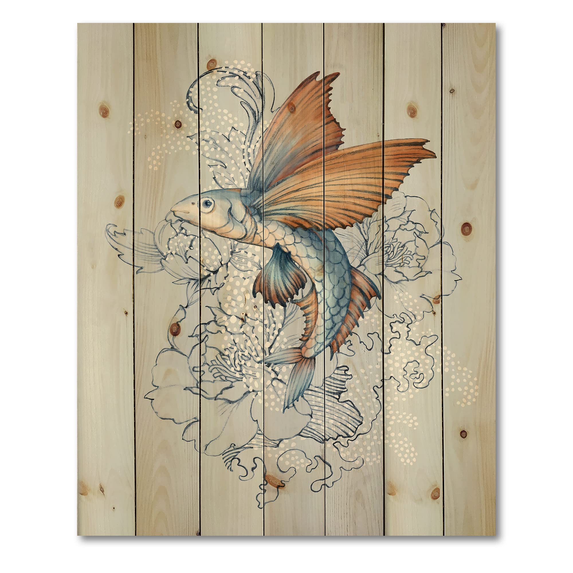 DesignQ Flying Fish On Peonies Traditional Blue Wood Wall Art - Handcrafted Pine Wood Wall Decor with Large Animal Prints - Perfect for Living Room, Bedroom & Office Decoration