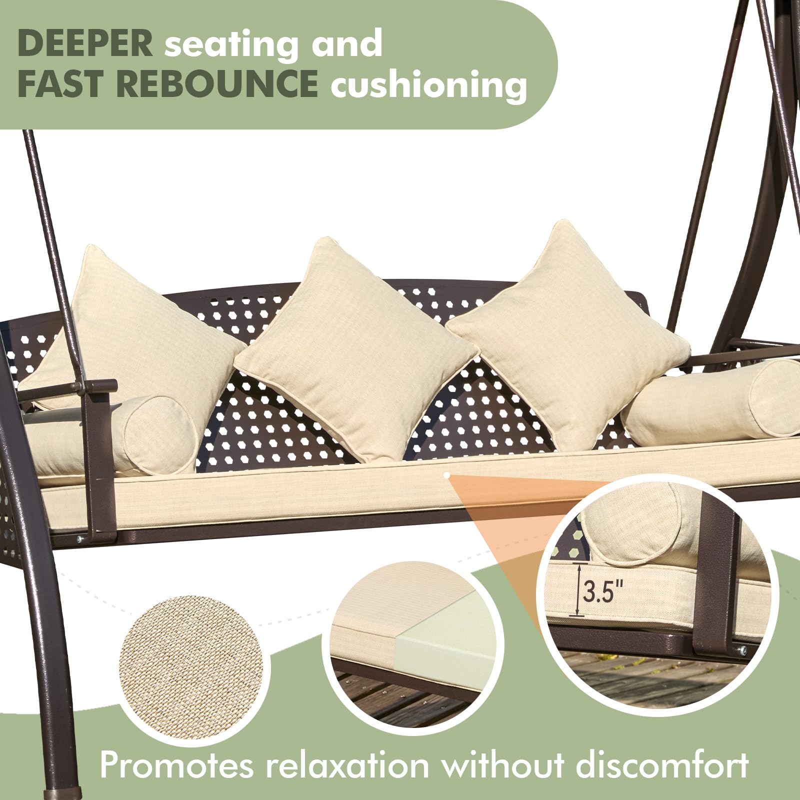 3-Seat Patio Porch Swing with Adjustable Hardtop - Convertible 3-in-1 Outdoor Swing for Adults with Thick Cushion, Pillows & Cup Holders - Perfect for Porch, Backyard, Garden, Deck & Outdoor Relaxation (Beige)