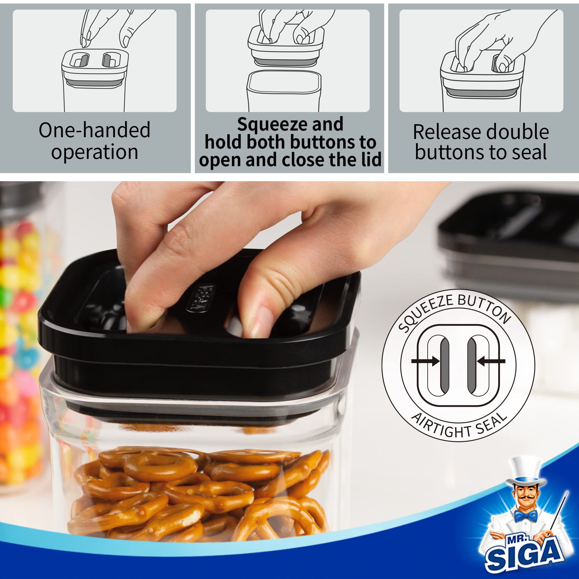 MR.SIGA 6-Piece Airtight Food Storage Container Set - BPA Free Kitchen Pantry Organization Canisters for Cereal, Pasta, Spaghetti & Dry Goods | One-Handed Operation | Perfect for Pantry, Kitchen & Meal Prep Organization
