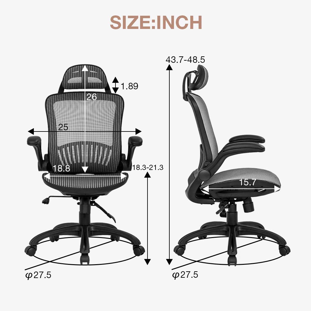 Ergonomic Office Chair with Lumbar Support & Headrest - Adjustable Mesh Computer Desk Chair with Flip-Up Arms, Swivel & Rolling Wheels - Comfortable Task Chair for Adults (Grey) - Perfect for Home Office, Gaming & Workspace