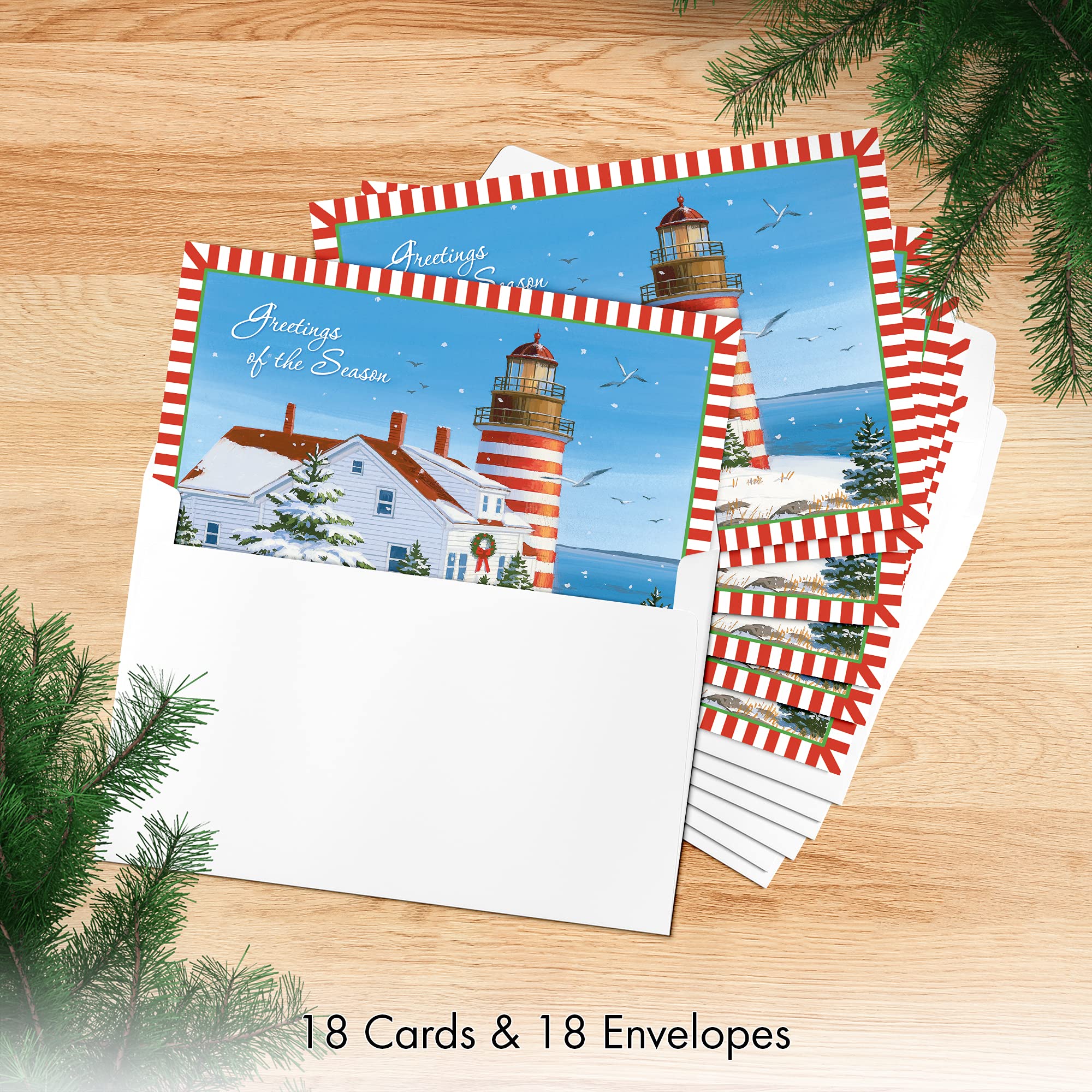 Red Farm Studios Designer Christmas Greeting Cards - Lighthouse in the Snow (Box of 18 Nautical Coastal Holiday Cards with White Envelopes) for Holiday Wishes, Office Gifts & Festive Decorations