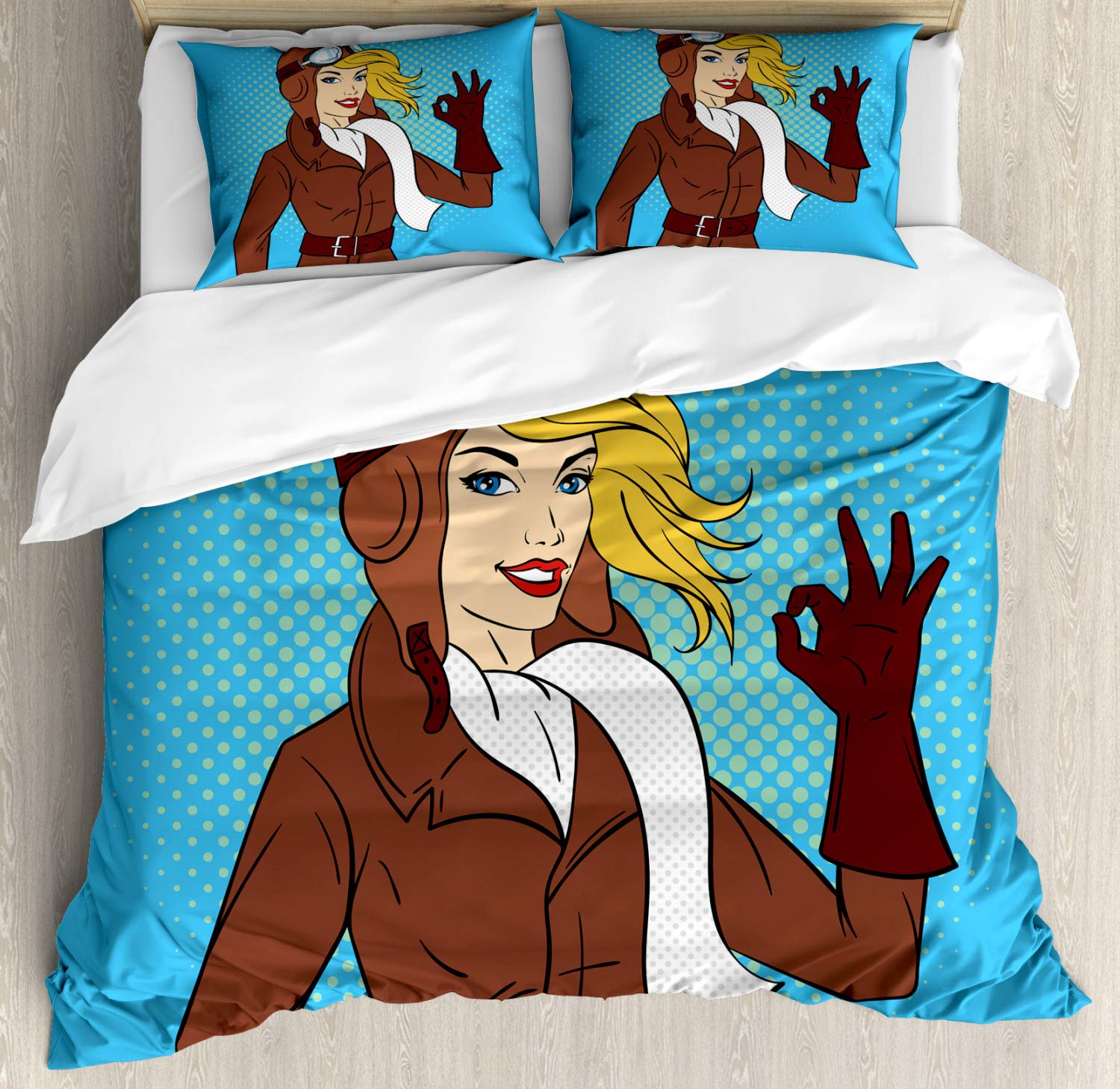 Ambesonne Pin Up Girl Duvet Cover Set - Vintage Pop Art Woman Pilot Design on Halftone Dotted Background, 3-Piece California King Bedding Set with 2 Pillow Shams, Colorful Retro Decor | Perfect for Aviation Enthusiast Bedrooms, Themed Guest Rooms & Unique Home Decor
