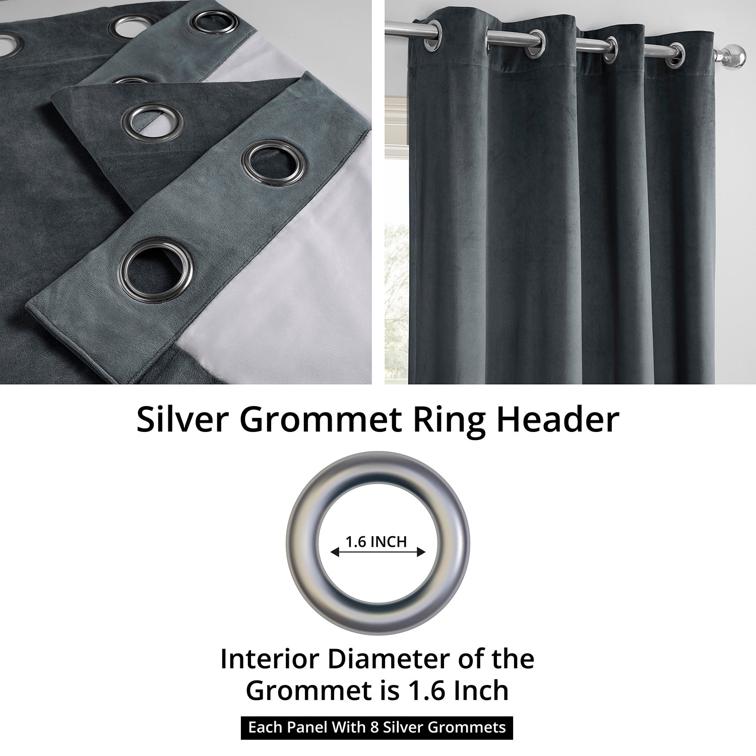 Blue Grey Grommet Blackout Curtains for Windows - Thermal Insulated Velvet Drapes for Bedroom & Living Room - Noise Reducing Room Darkening Panels for Better Sleep