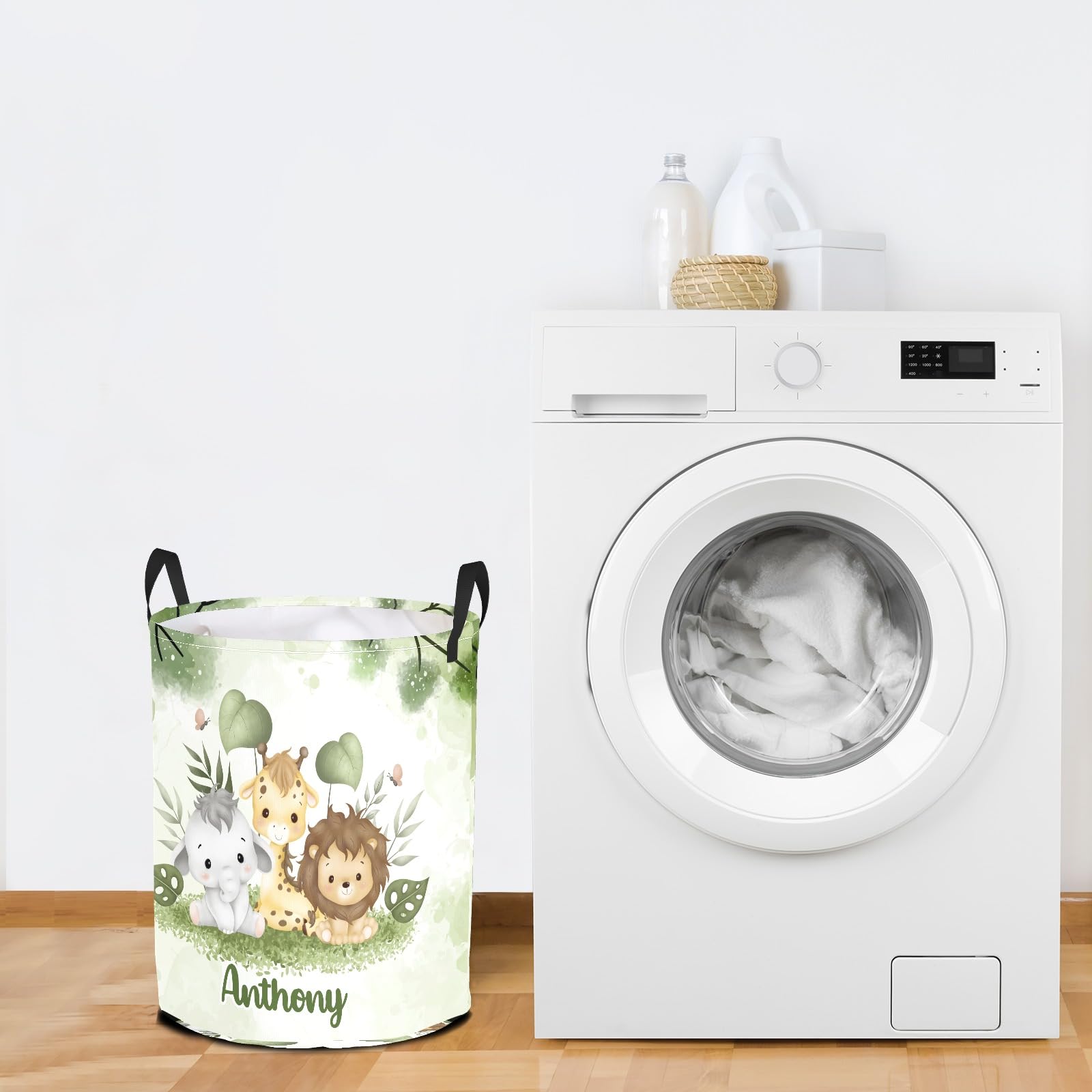 Jungle Animal Leaves Green Personalized Laundry Hamper - Collapsible Storage Basket with Handles for Kids Room, Nursery Decor & Clothes Organization - Perfect for Baby Shower Gifts, Toddler Bedroom Storage & Playroom Organization