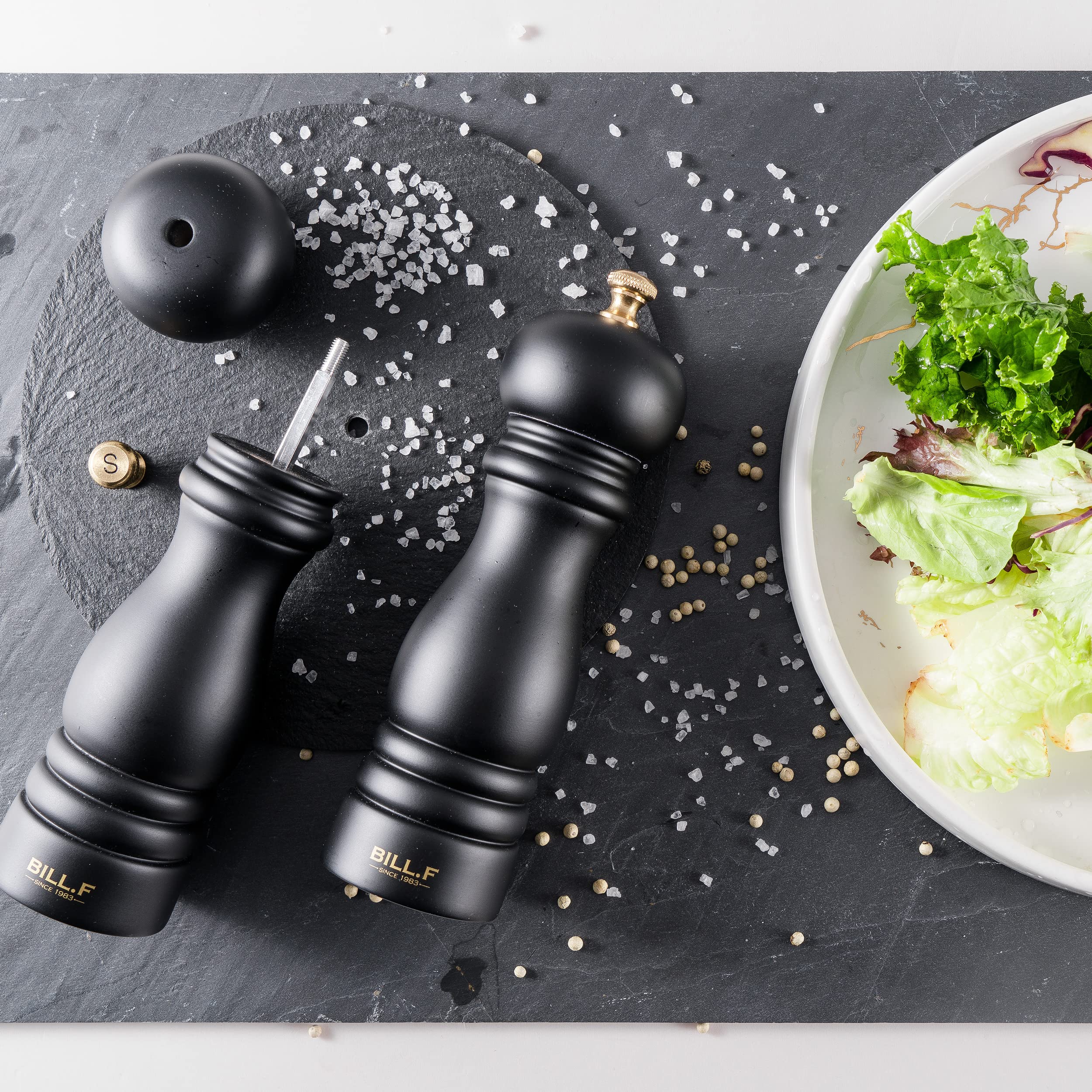 Premium BILL.F 7 Inch Wooden Salt and Pepper Grinder Set - Adjustable Ceramic Rotor, Easy Refill, 2-Piece Shakers for Gourmet Cooking & Fine Dining