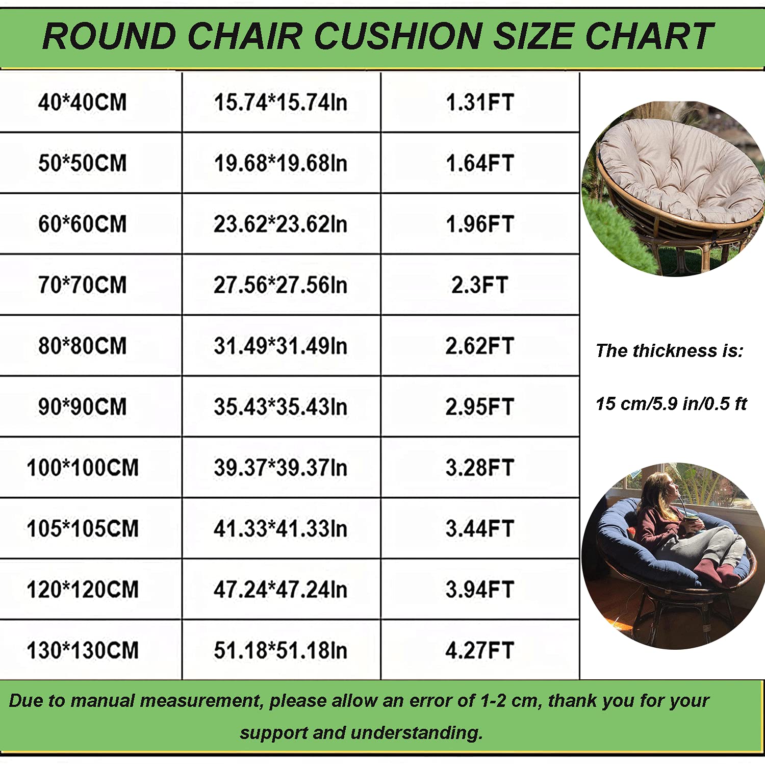 **Waterproof Thickened Round Papasan Chair Cushion Pad - 47.24 x 47.24 Inch Overstuffed Removable Seat Cover for Outdoor, Indoor, Garden, Patio, Swing, or Terrace (Green, Chair Not Included)**    **Perfect for:** Relaxing in your backyard, sunroom, or porch while enjoying comfort and durability.