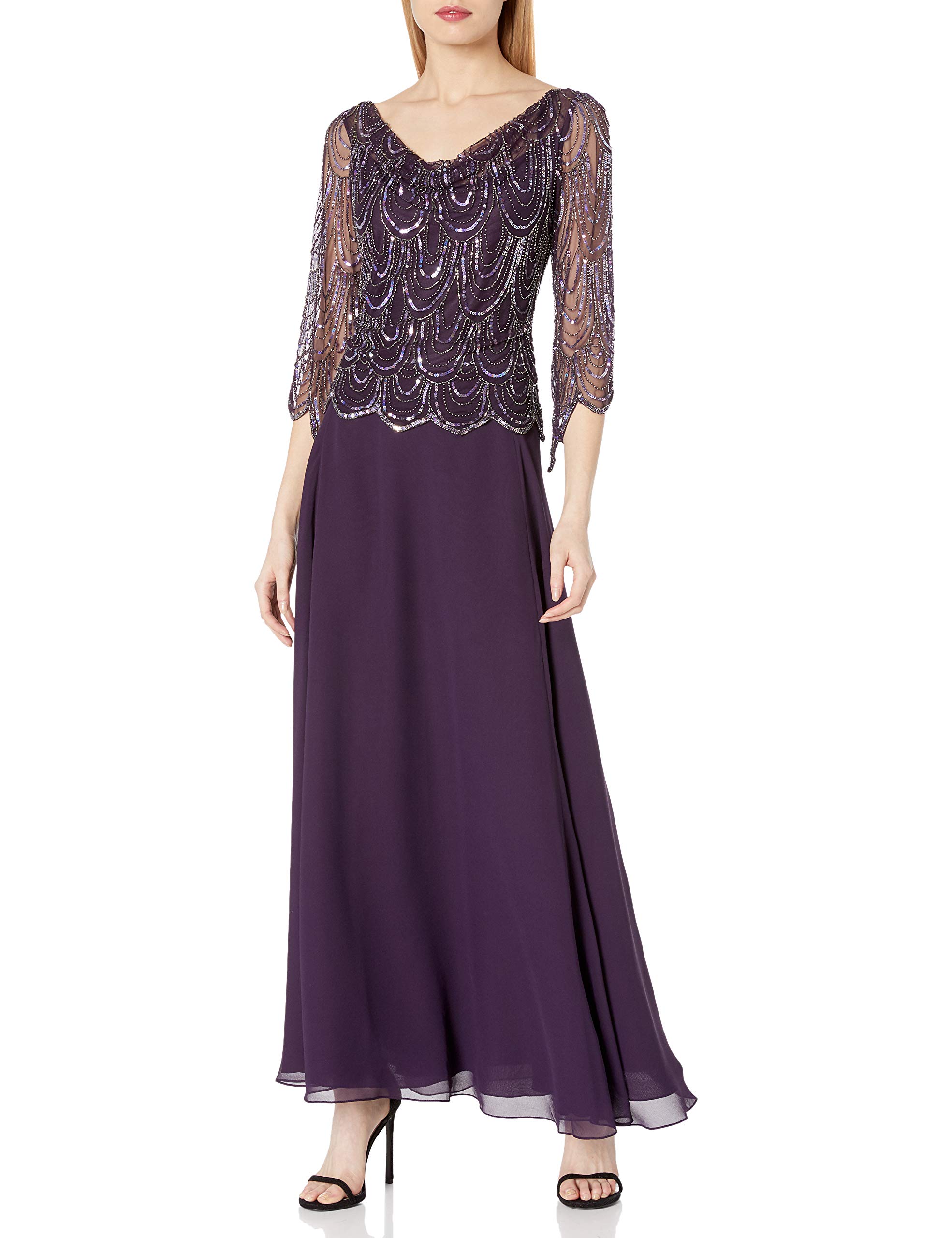 J Kara Women's Plus Size 3/4 Sleeve Scallop Beaded Popover Gown - Elegant Evening Dress for Weddings, Parties & Special Occasions