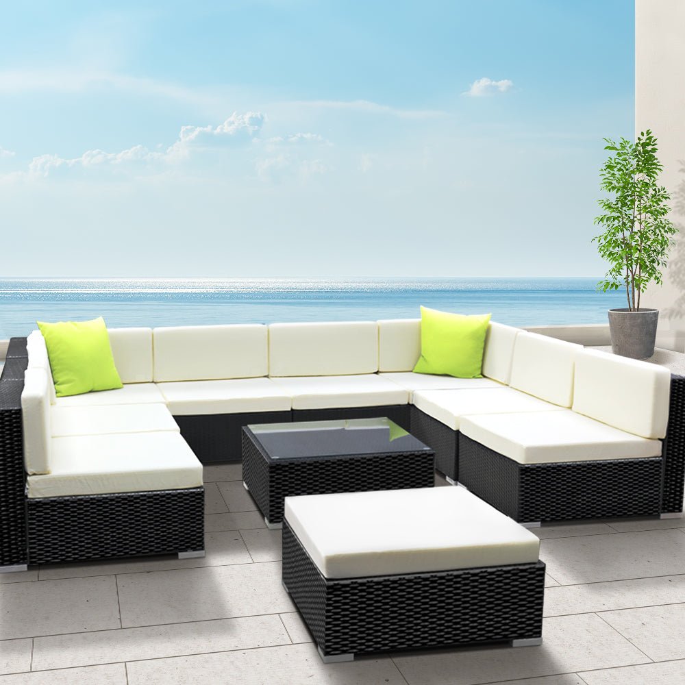 10-Piece Outdoor Wicker Sofa Set - 9-Seater Patio Furniture for Garden, Poolside, and Backyard Lounge - Durable & Weather-Resistant