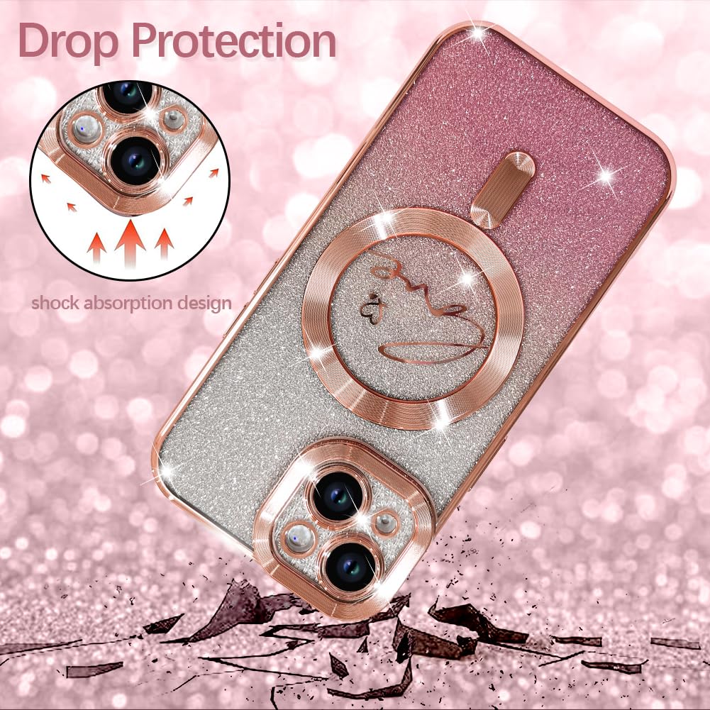 Magnetic Glitter Case for iPhone 15 - Luxury Gold Plated Heart Design, Magsafe Compatible Clear Protective Cover with Camera Protector, Shockproof Slim Phone Case for Women & Girls (Pink) - Perfect for Everyday Use, Dating, Parties & Gift Giving