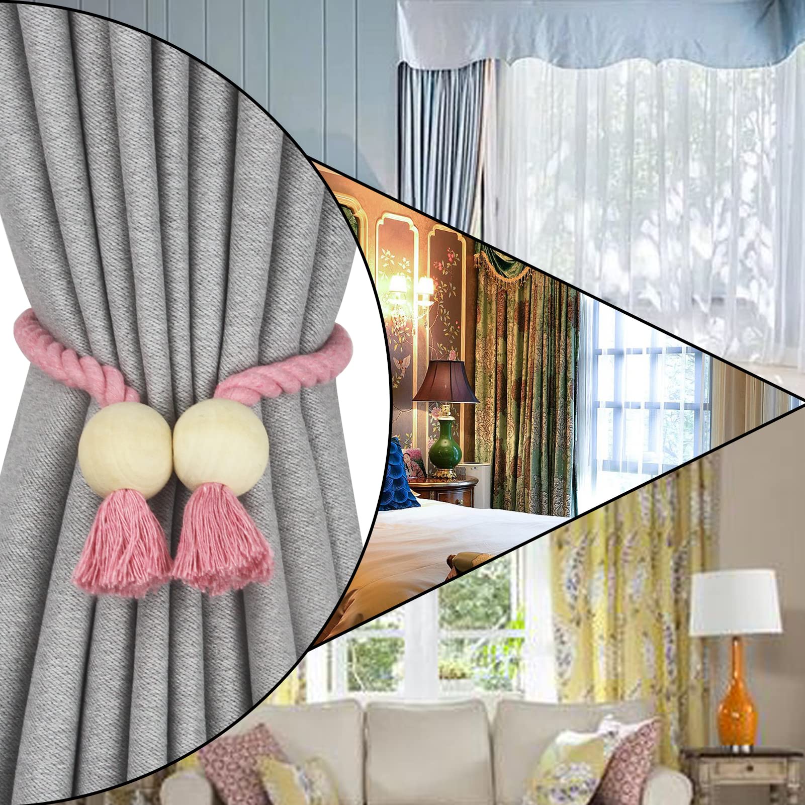 2 Pack Magnetic Cotton Hand Woven Curtain Tie Backs - Decorative Rope Holdbacks for Drapes & Curtains, No Tools Required, Pink - Perfect for Living Room, Bedroom & Window Decor
