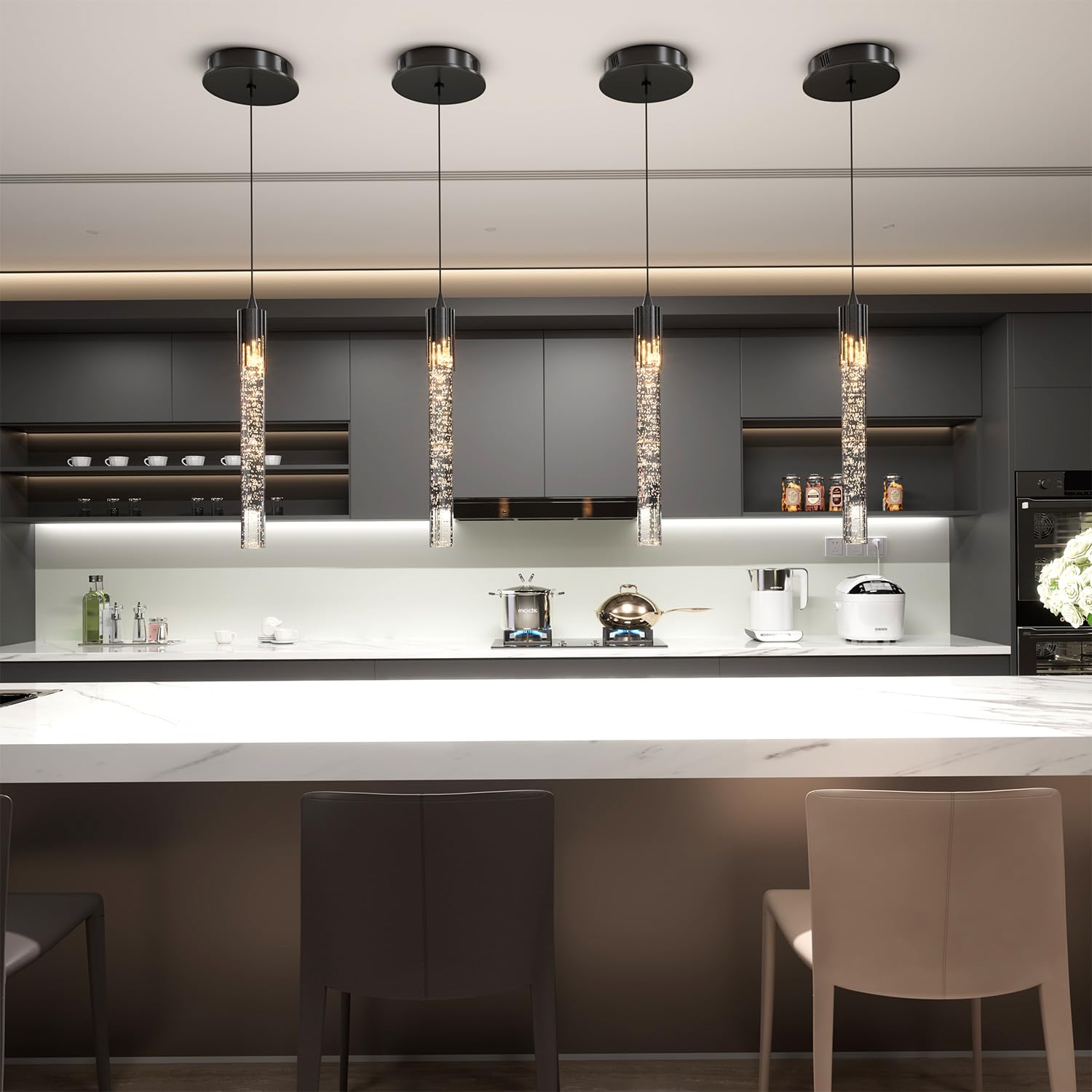 Modern LED Crystal Mini Pendant Light - Dimmable Black Bubble Chandelier for Kitchen Island, Dining Room, Bedroom & Bar | Energy Efficient Lighting Fixture for Home & Commercial Spaces