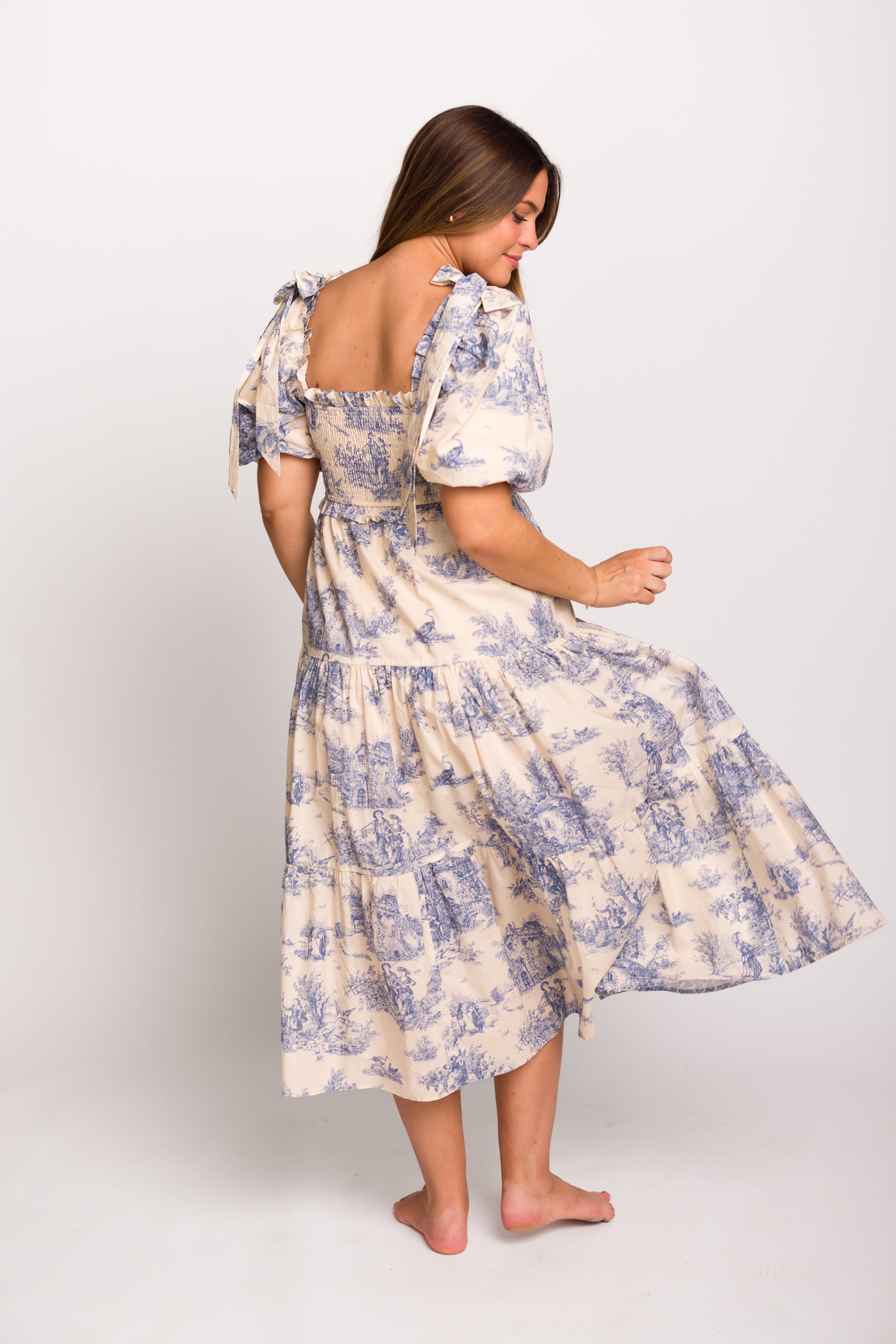 Elena 100% Cotton Toile Print Smocked Midi Dress in Blue - Bump Friendly Maternity Dress for Pregnancy, Nursing & Special Occasions | Perfect for Baby Showers, Brunch Dates & Summer Outings