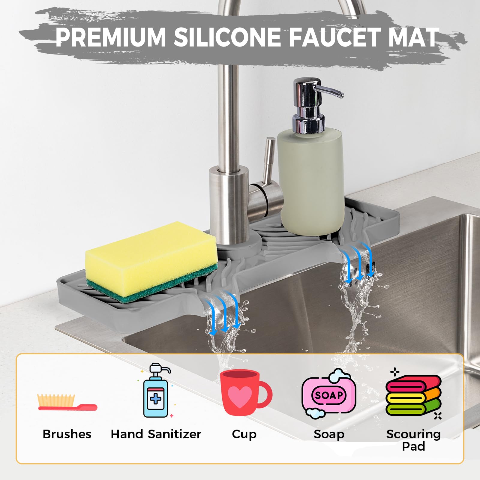 **Non-Slip Silicone Faucet Splash Guard - 15 Inch Kitchen Sink Protector with 5 Adjustable Rubber Rings, Light Gray Sink Mat for Water Splash Prevention - Perfect for Kitchen & Bathroom Sinks (Ideal for Washing Dishes, Brushing Teeth & Handwashing)**