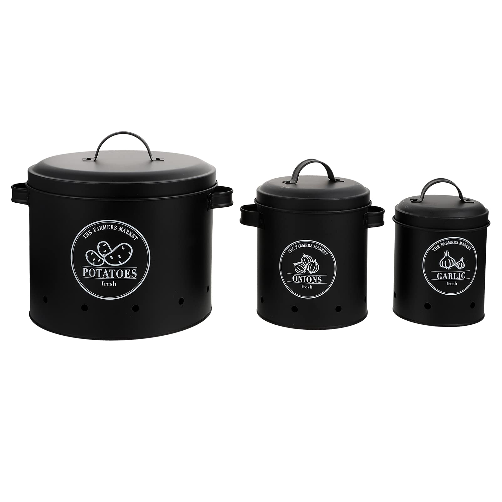 HEMOTON 3-Piece Vintage Galvanized Iron Potato Onion Storage Containers - Airtight Vented Kitchen Canisters for Garlic, Vegetables & Dry Food Storage | Perfect for Pantry Organization & Farmhouse Style Kitchens